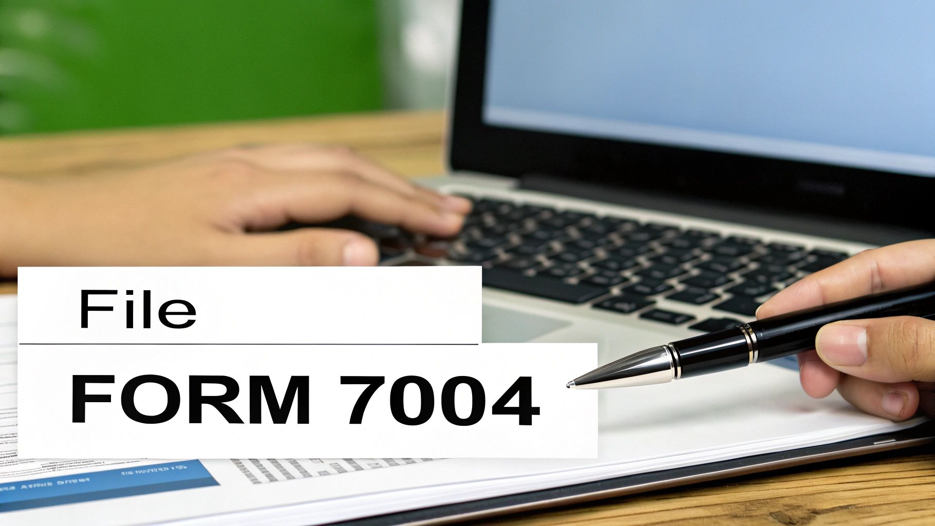 Person preparing to file FORM 7004, an extension form, with a laptop and pen.