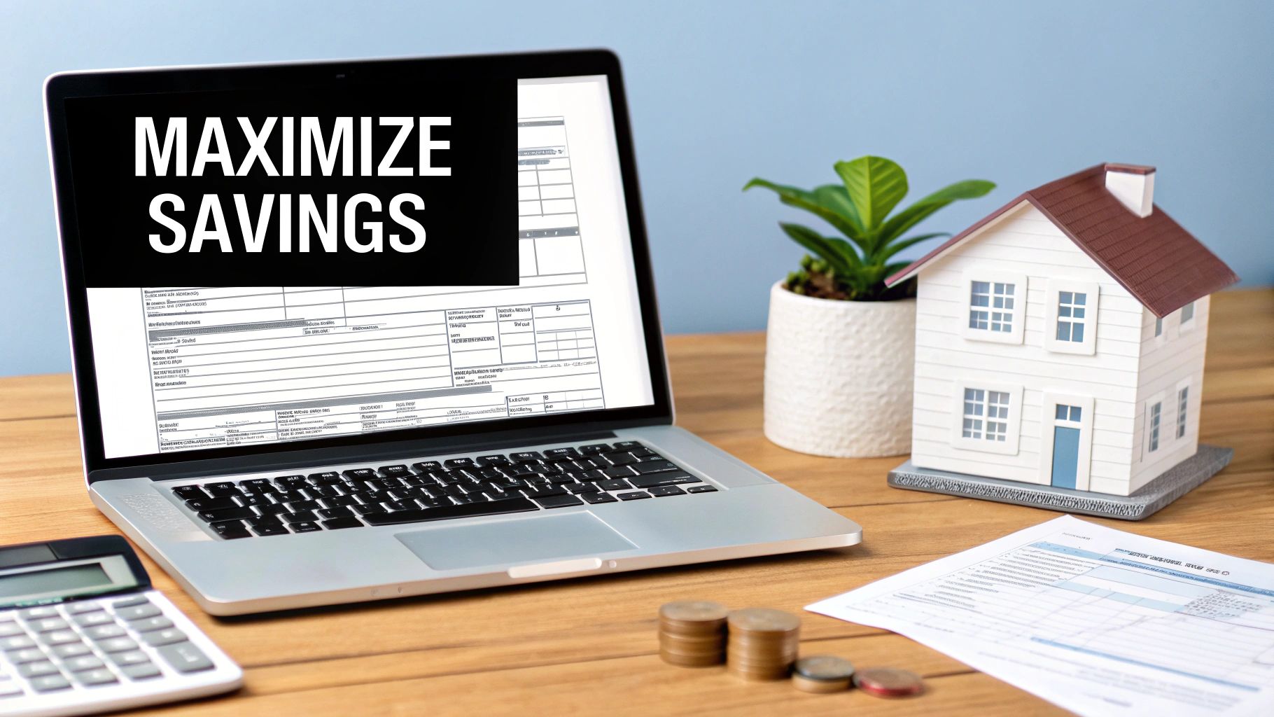 A laptop displaying 'MAXIMIZE SAVINGS' next to a model house, plant, and financial items on a desk.