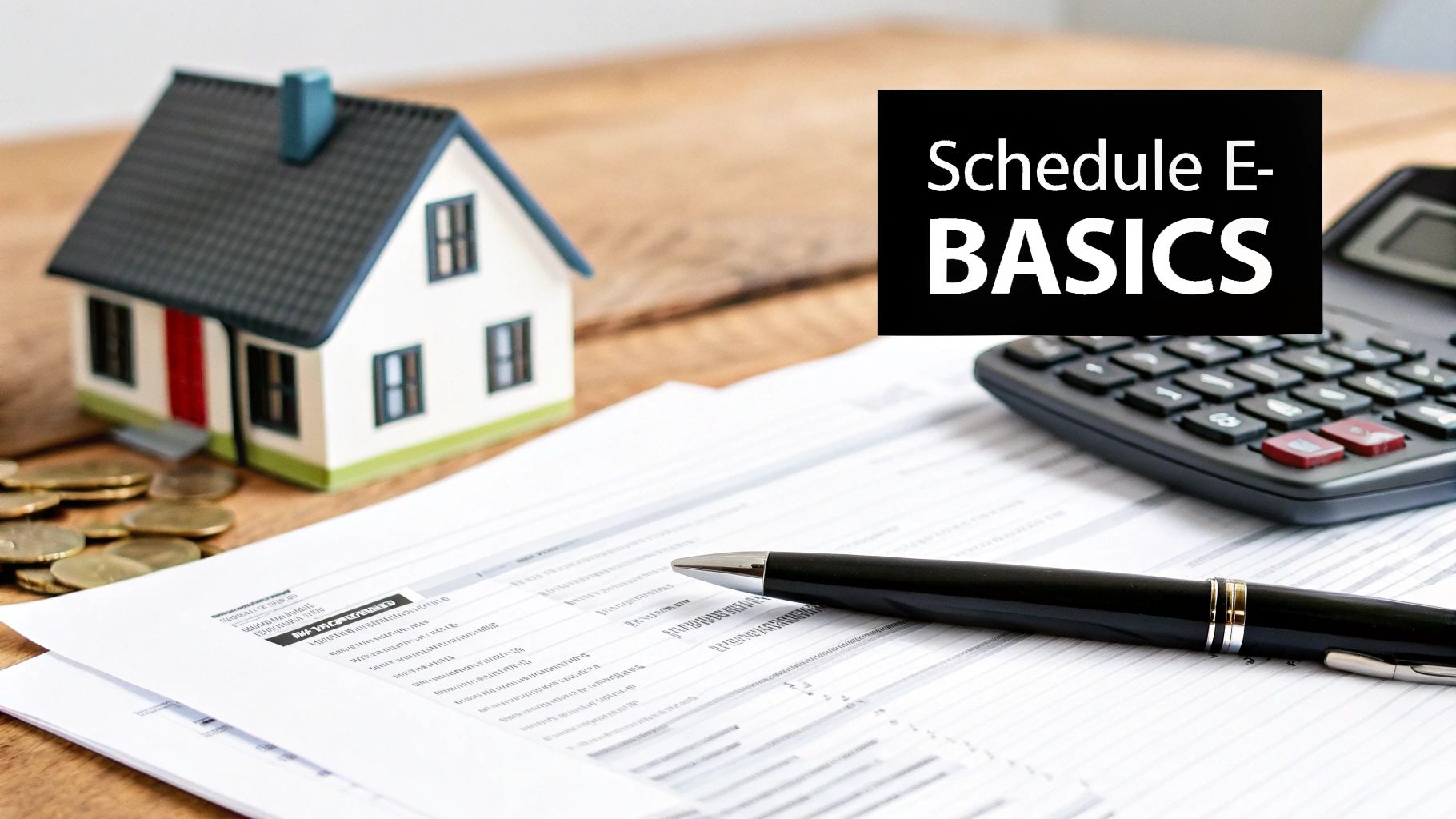 A desk scene with a miniature house, coins, calculator, and tax forms, highlighting "Schedule E-BASICS".