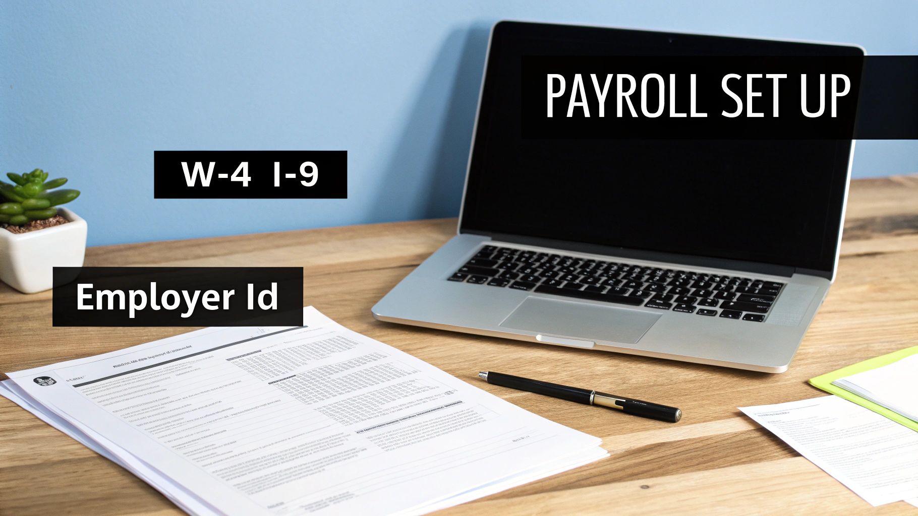 A business owner reviewing payroll documents at a desk, looking organized and confident.