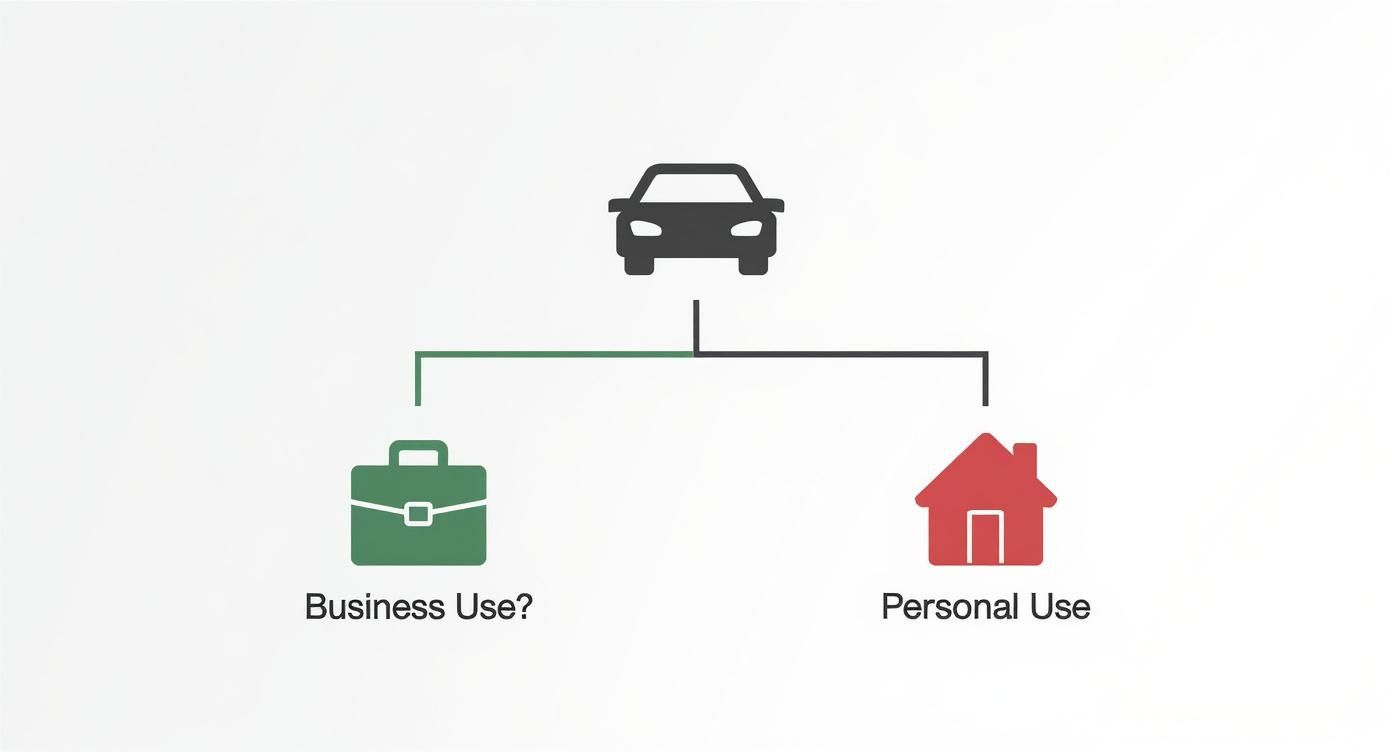 Diagram showing car usage split into business use (briefcase) and personal use (house).