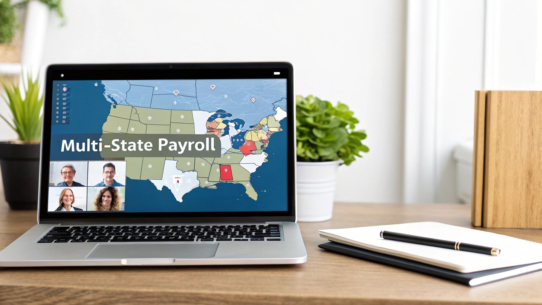 A laptop on a wooden desk displays 'Multi-State Payroll' on a USA map and a video call with four professionals.
