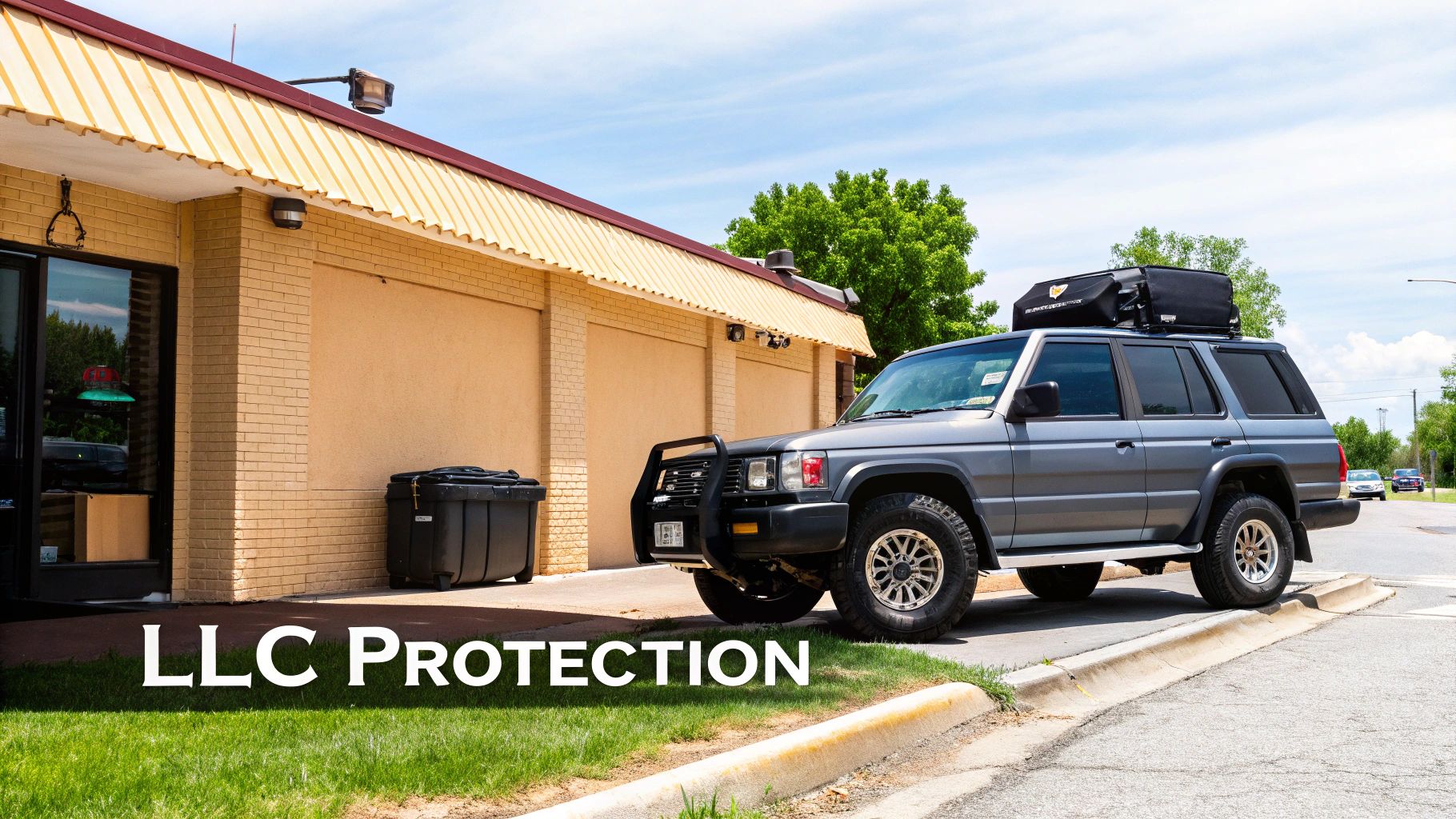 A person holding a transparent shield with a building icon on it, protecting a house and car behind it.