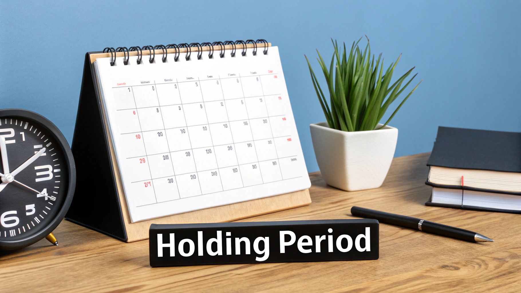 A calendar with a clock face, symbolizing the importance of the holding period for capital gains.
