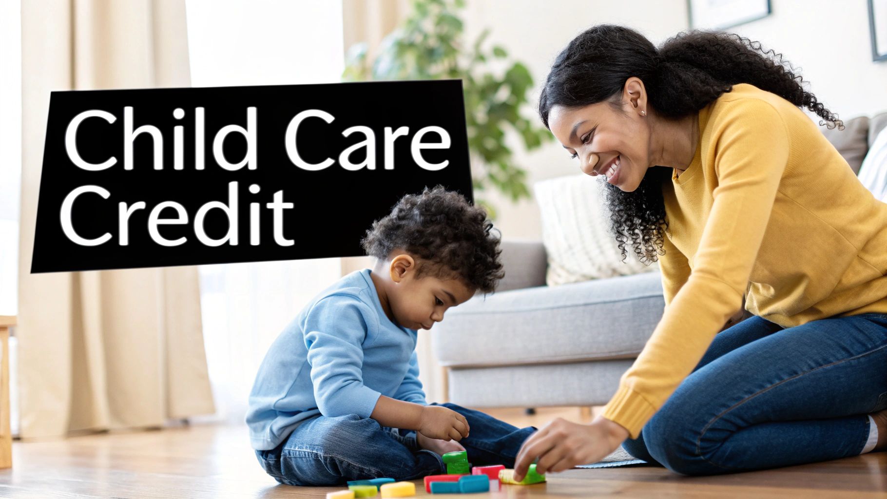 A mother and child smile while working on a laptop together, illustrating the family-focused nature of child and dependent care tax benefits.