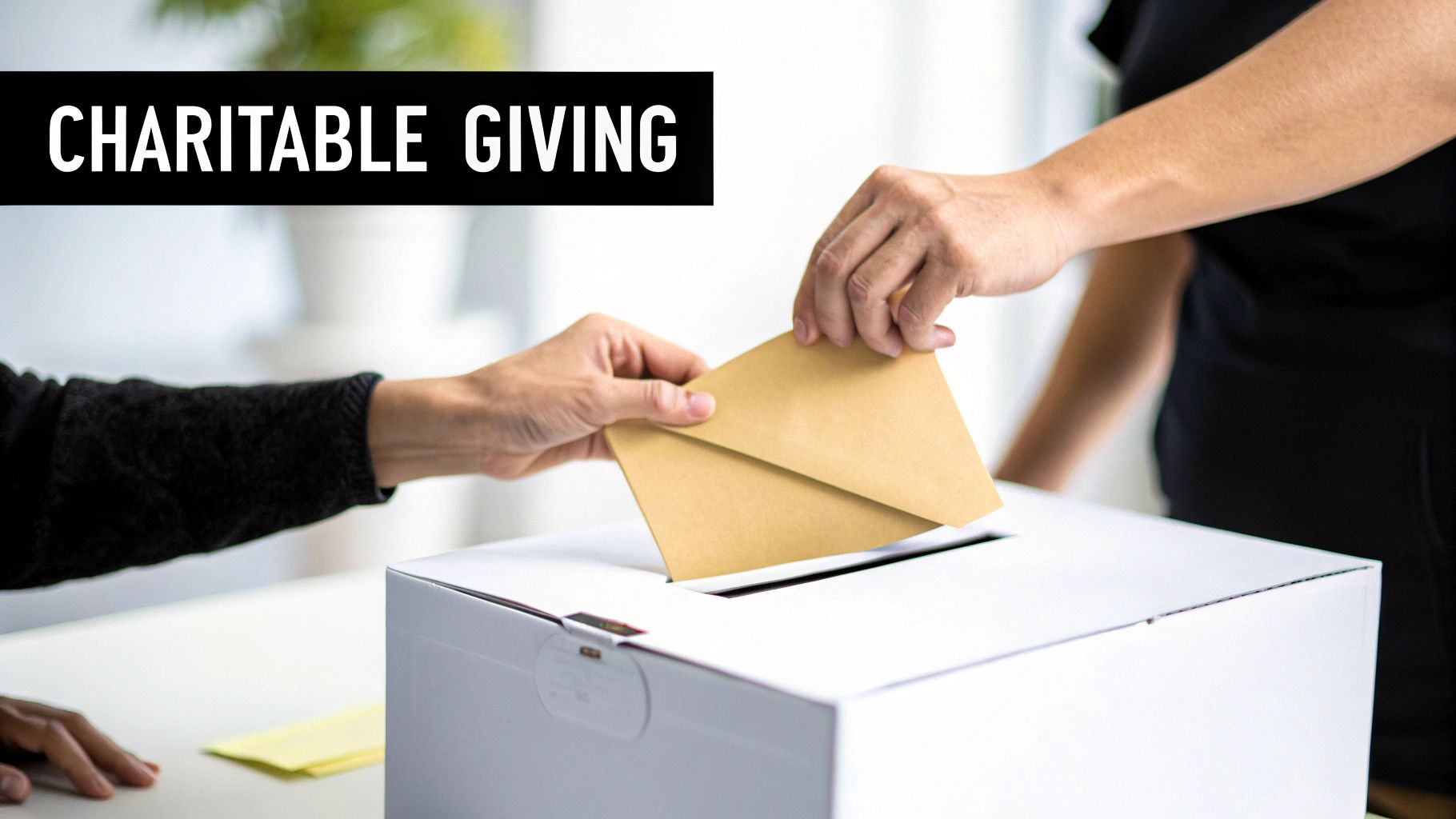 Hands are placing a brown envelope into a white donation box, illustrating charitable giving.