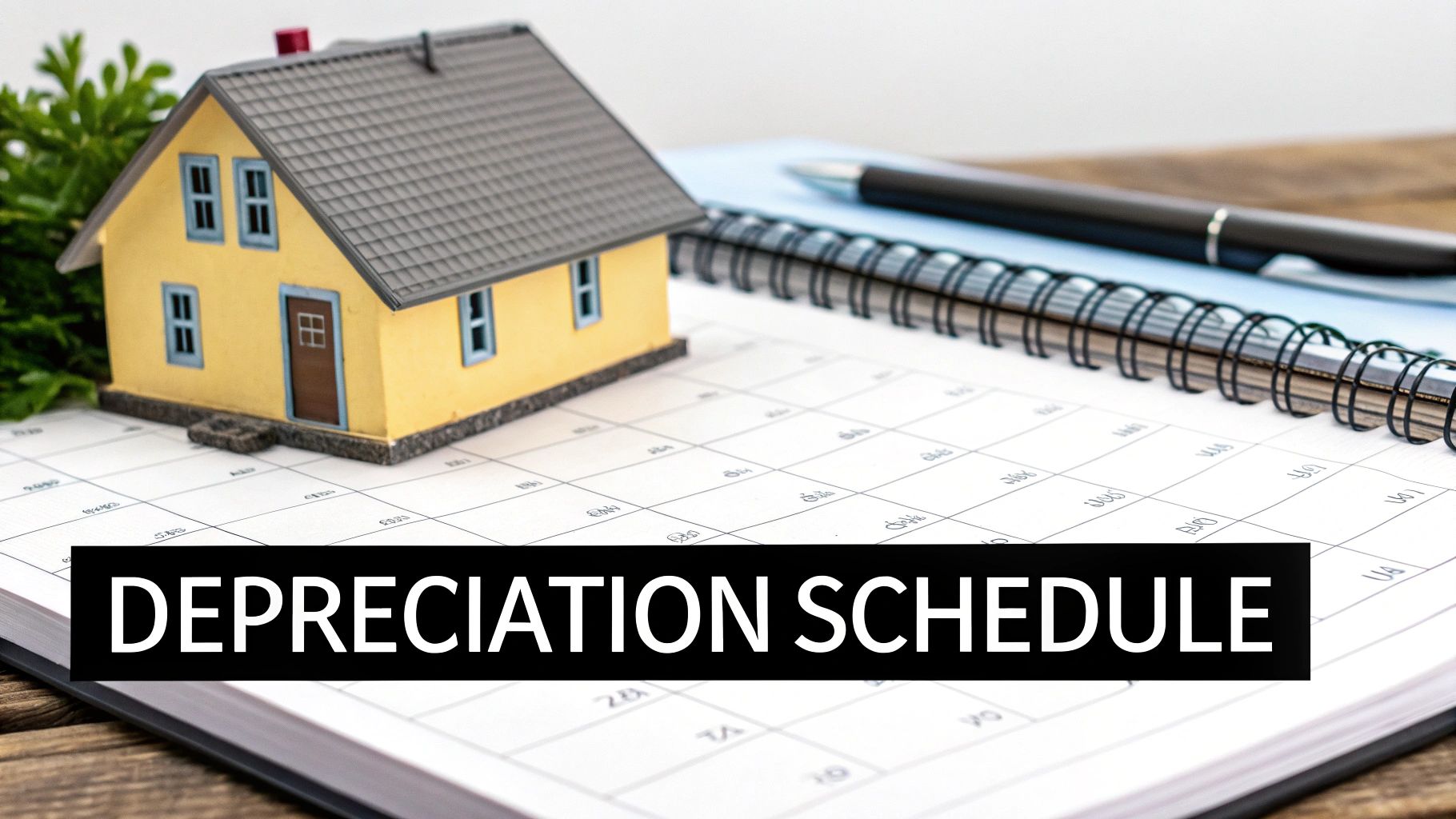 Miniature yellow house model on a calendar with a pen, displaying a 'DEPRECIATION SCHEDULE' banner.