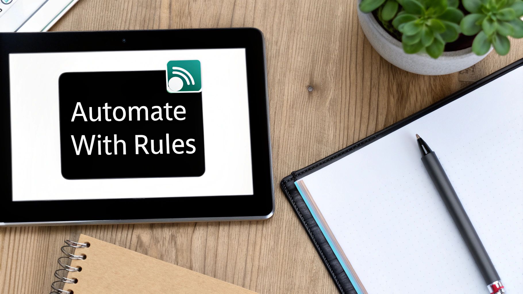 A flat lay of a tablet displaying 'Automate With Rules' on a wooden desk with a notebook and pen.