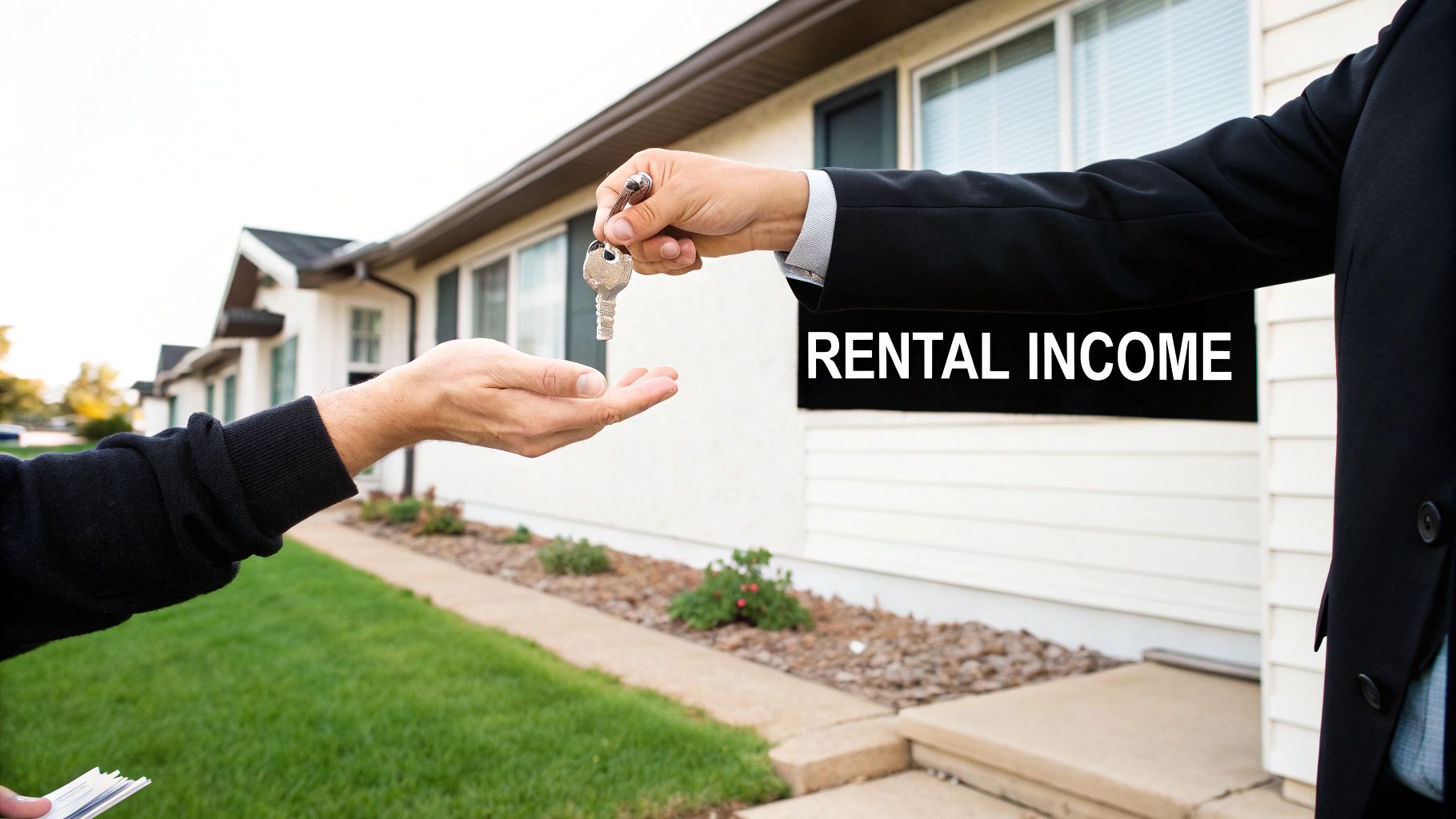 Hands exchanging keys for a rental property, with 'RENTAL INCOME' visible on arm.