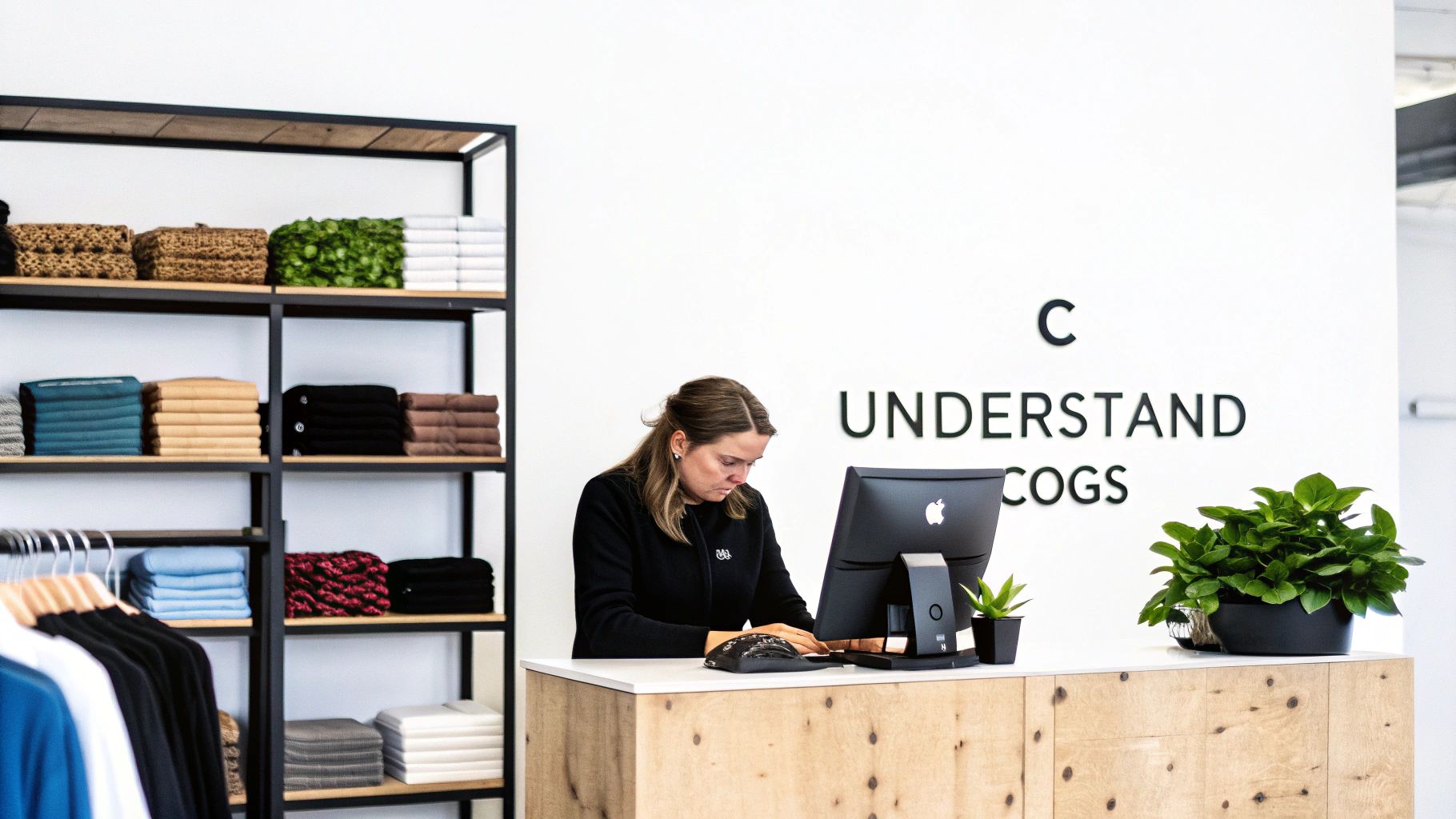 A woman works at a computer behind a wooden counter in a store, with shelves of clothes and text 'UNDERSTAND COGS' on the wall.