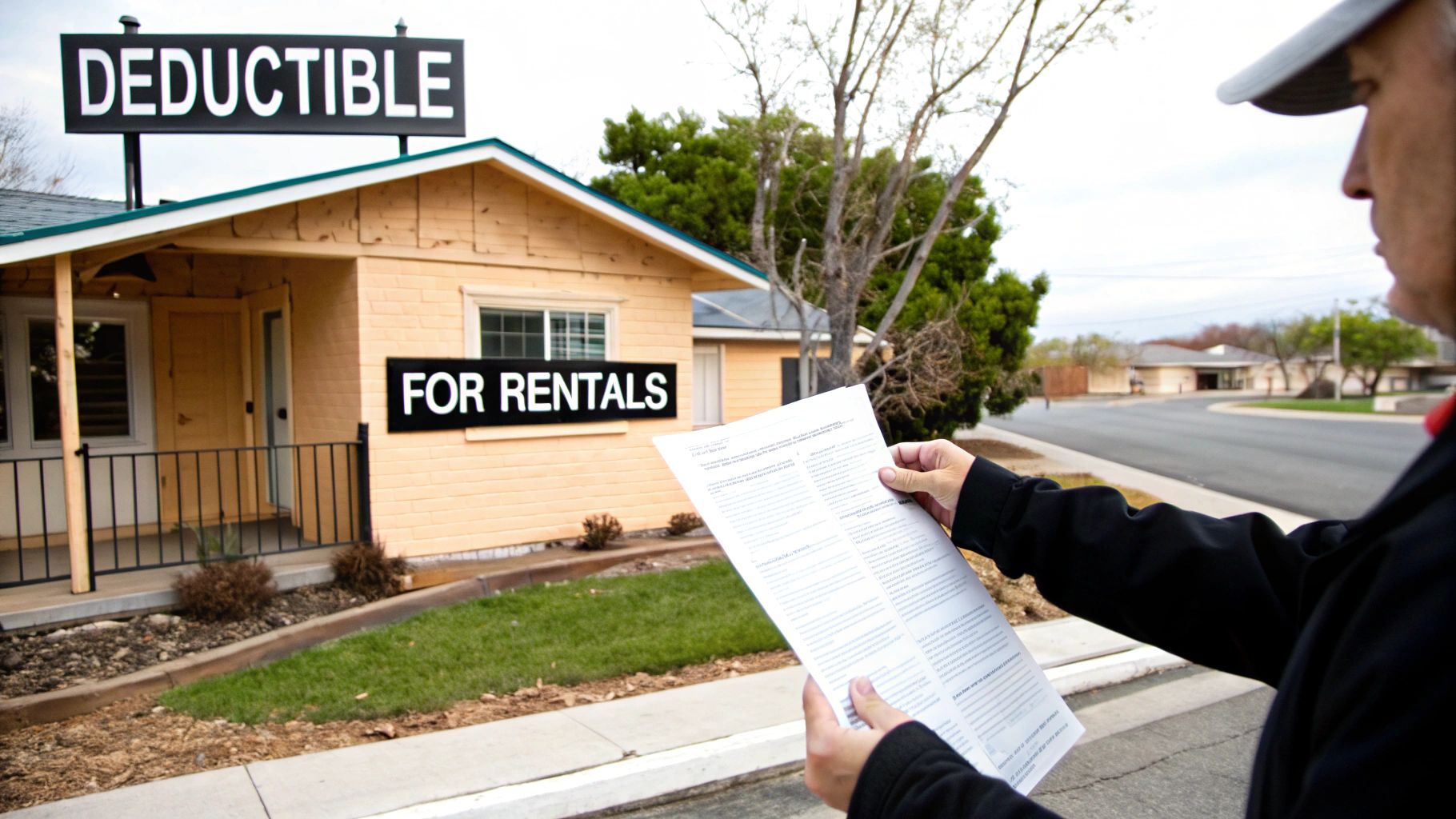A man reads a document in front of a house with 'DEDUCTIBLE' and 'FOR RENTALS' signs.