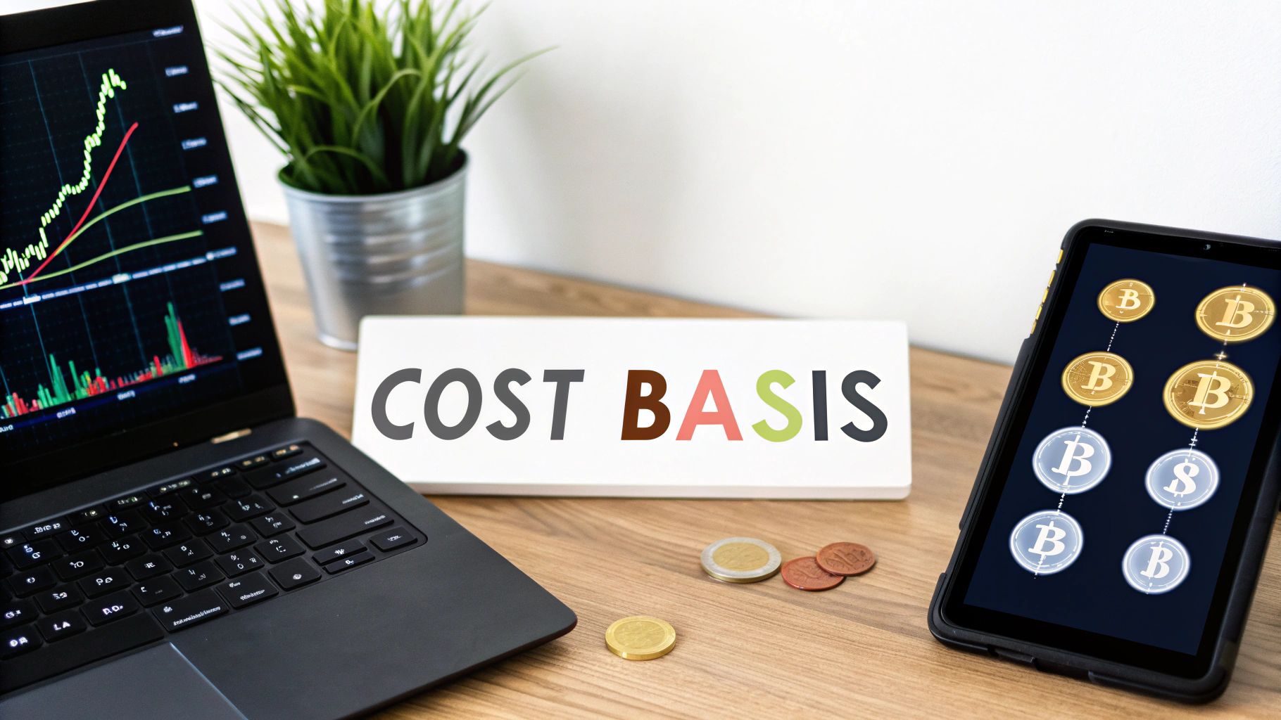 A desk with a laptop displaying financial charts, a 'COST BASIS' sign, a tablet with cryptocurrency, and coins.
