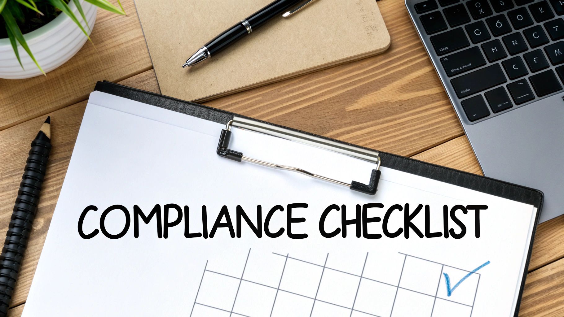 Overhead shot of a 'Compliance Checklist' on a clipboard, with a pen, notebook, and laptop on a wooden desk.
