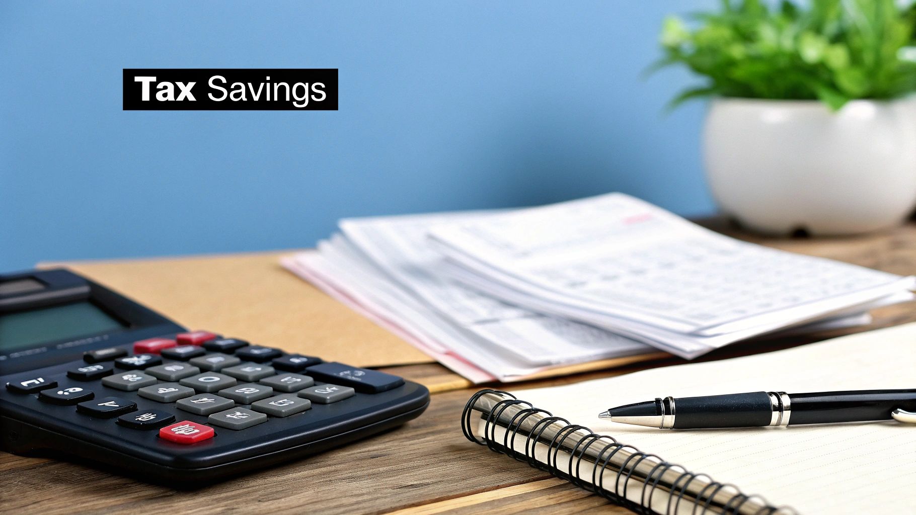 A calculator and a pile of coins on a wooden desk, illustrating tax calculations and savings.