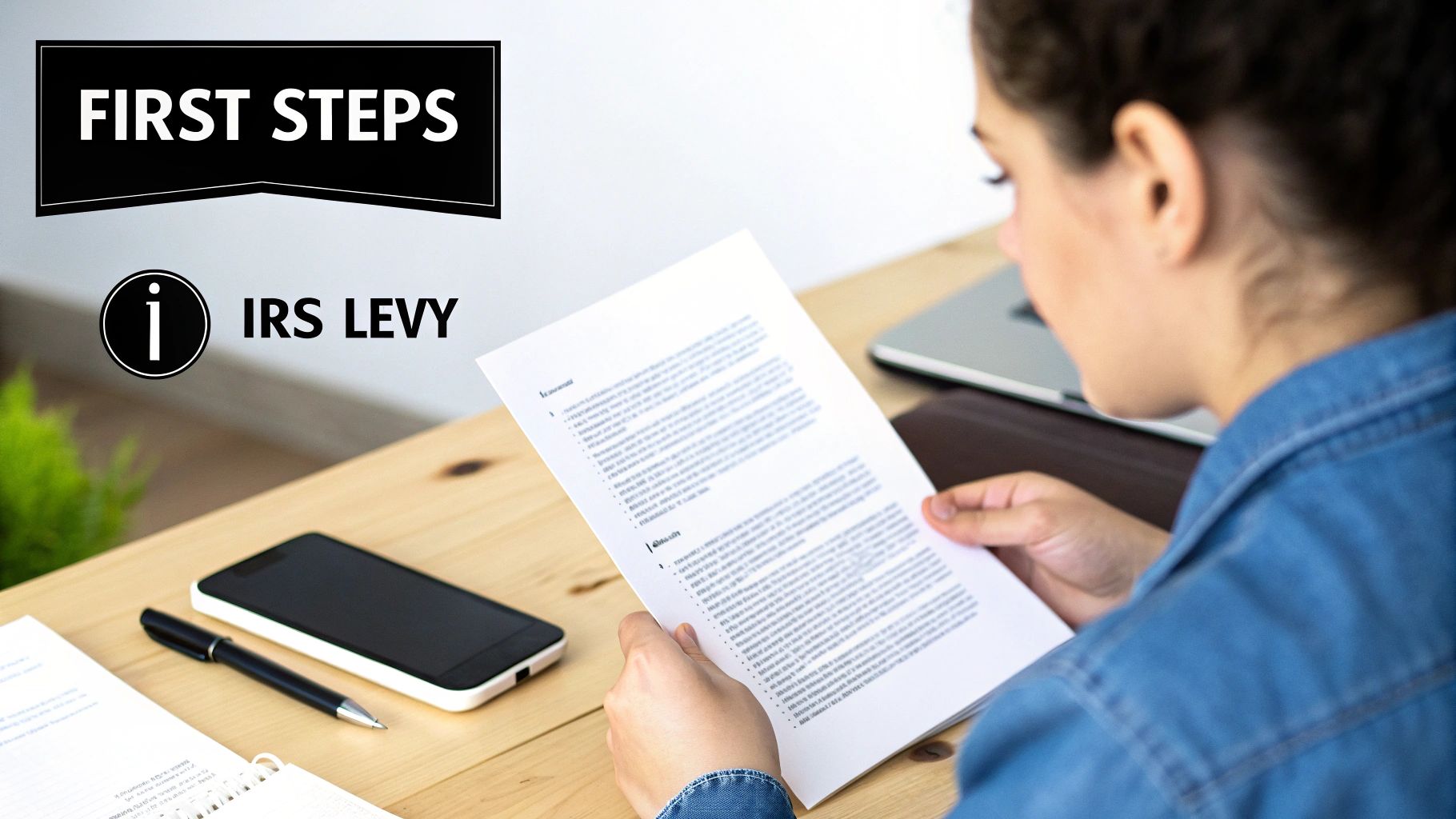 A person reads a document at a desk, with 'First Steps' and 'IRS Levy' visible.