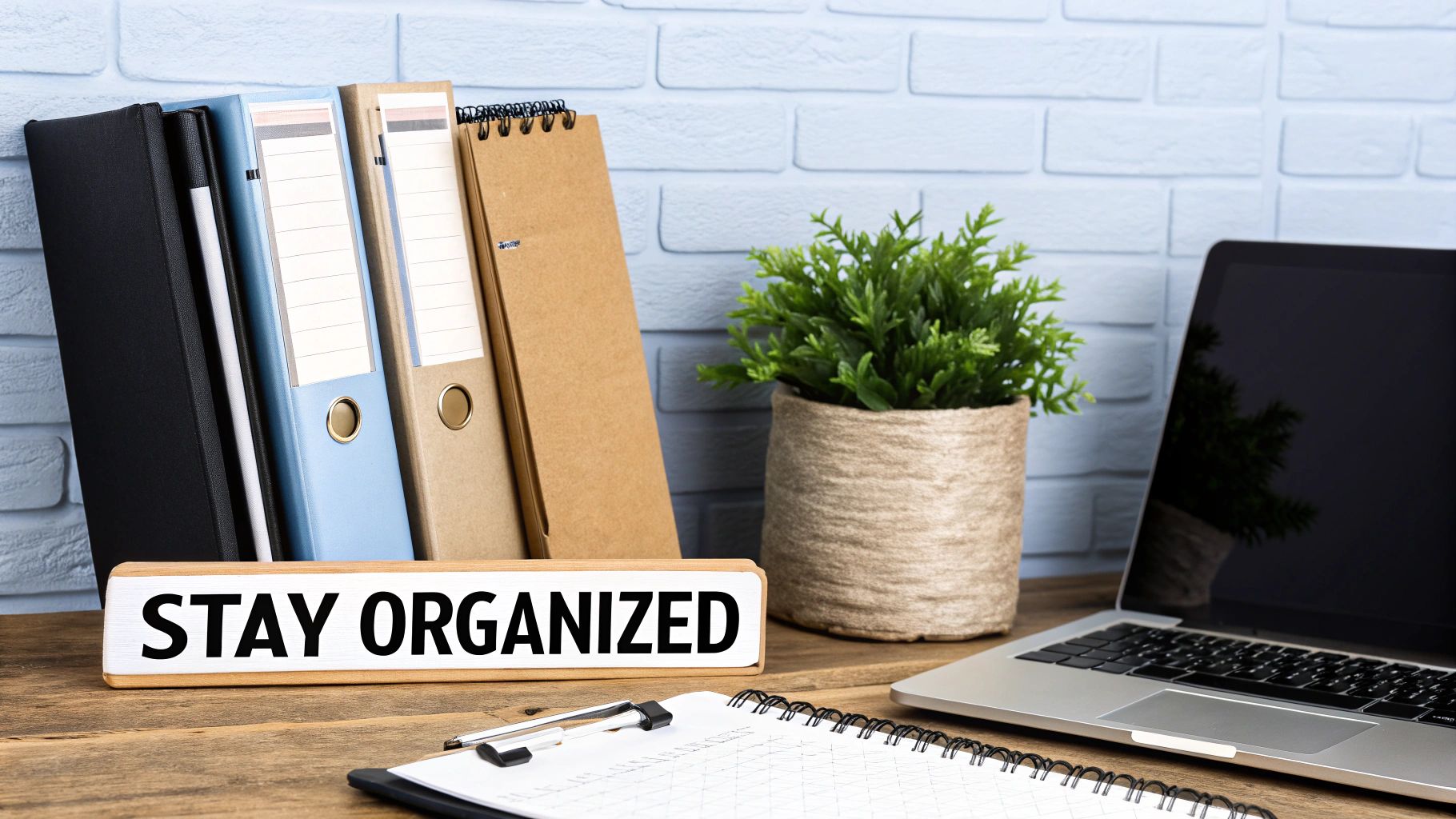 A person at a desk with organized files and a laptop, appearing calm and prepared for an audit.