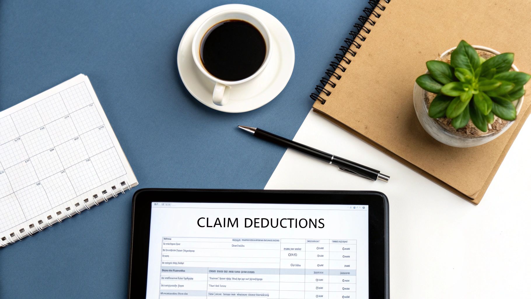 Top-down view of a desk with a tablet showing 'CLAIM DEDUCTIONS', coffee, notebooks, and a plant.