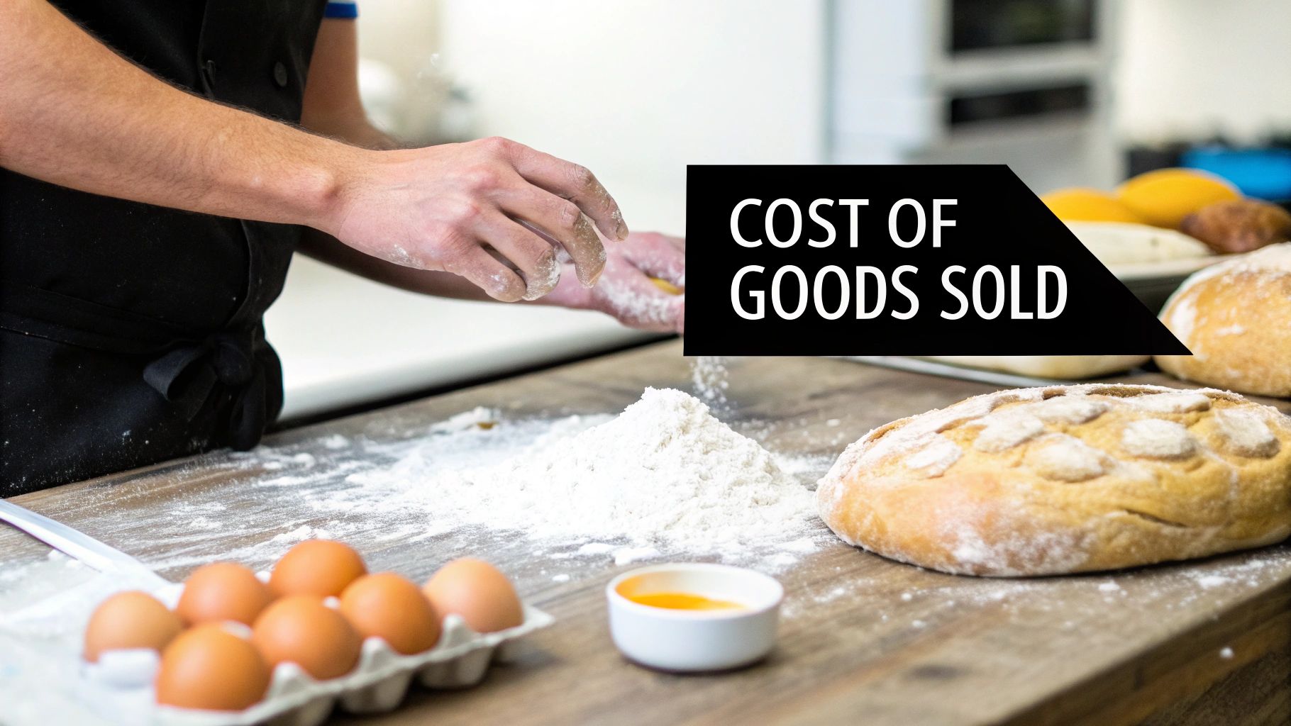 A baker's hands working with flour, eggs, and bread, illustrating 'COST OF GOODS SOLD'.