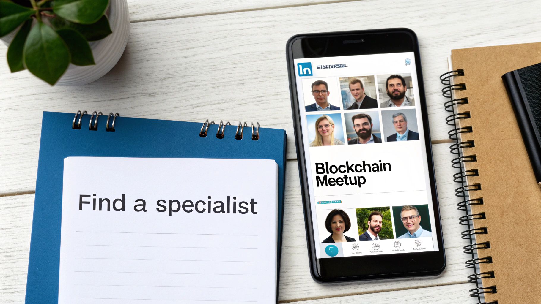 Overhead shot of a desk with a smartphone showing a 'Blockchain Meetup' and a notebook saying 'Find a specialist'.