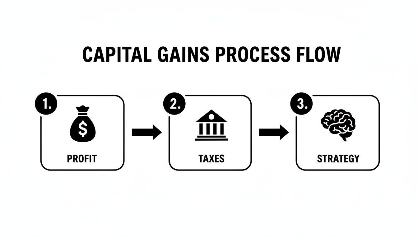 Flowchart illustrating the capital gains process from profit to taxes and strategy.