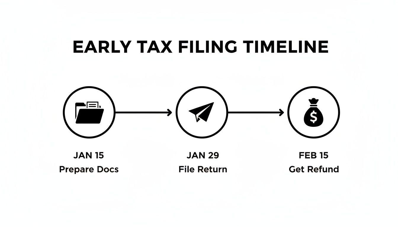 Timeline showing early tax filing steps: Prepare Docs by Jan 15, File Return by Jan 29, Get Refund by Feb 15.