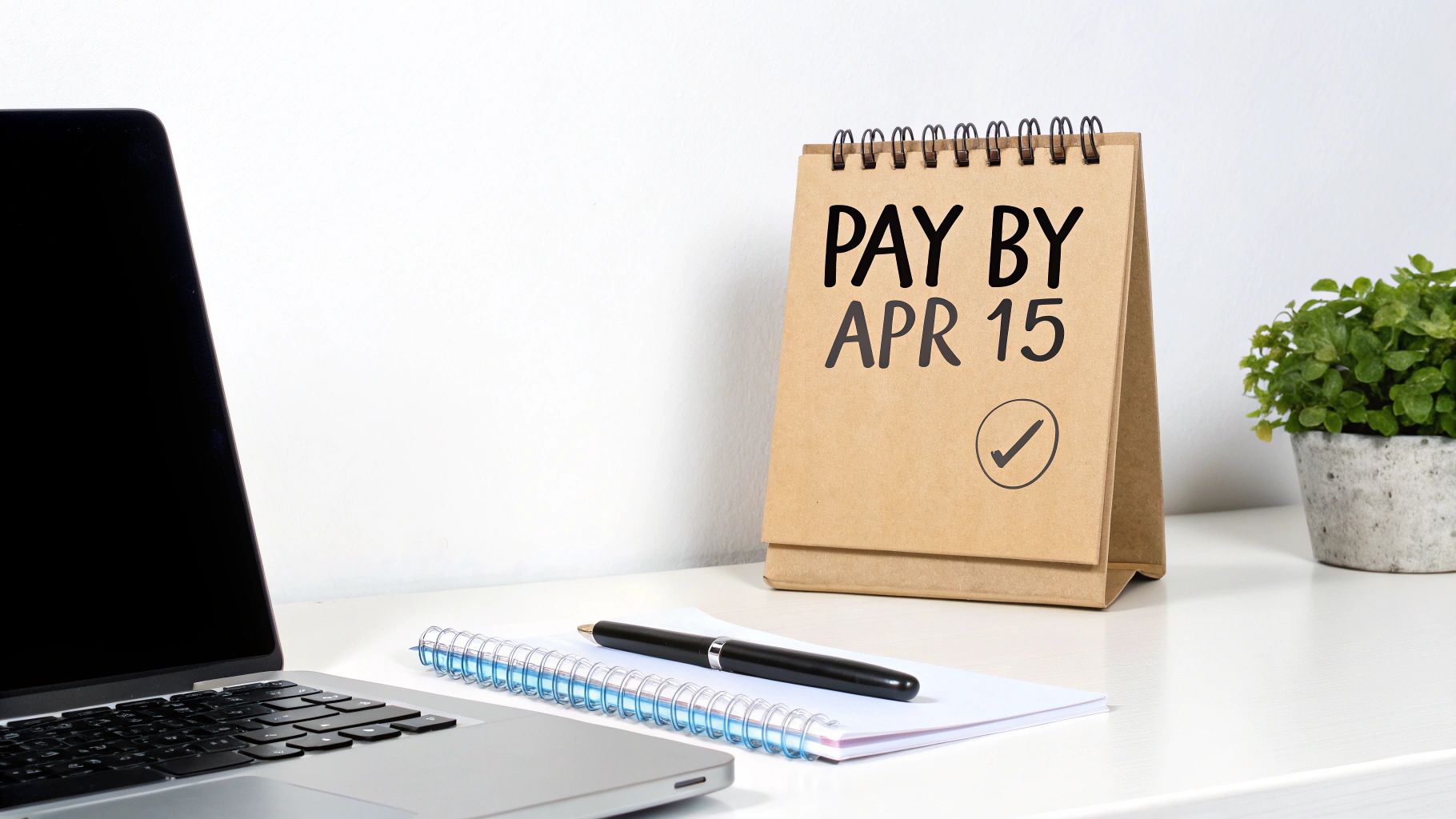 A desk calendar showing 'PAY BY APR 15' next to a laptop, notebook, pen, and potted plant.