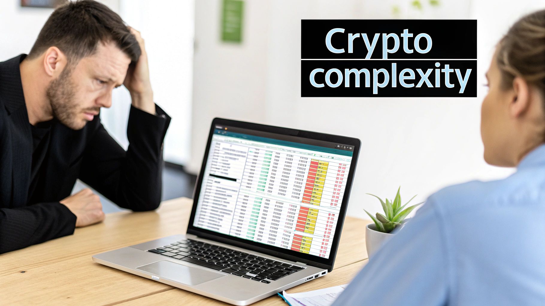 A stressed man reviews a complex crypto spreadsheet on a laptop with a woman.