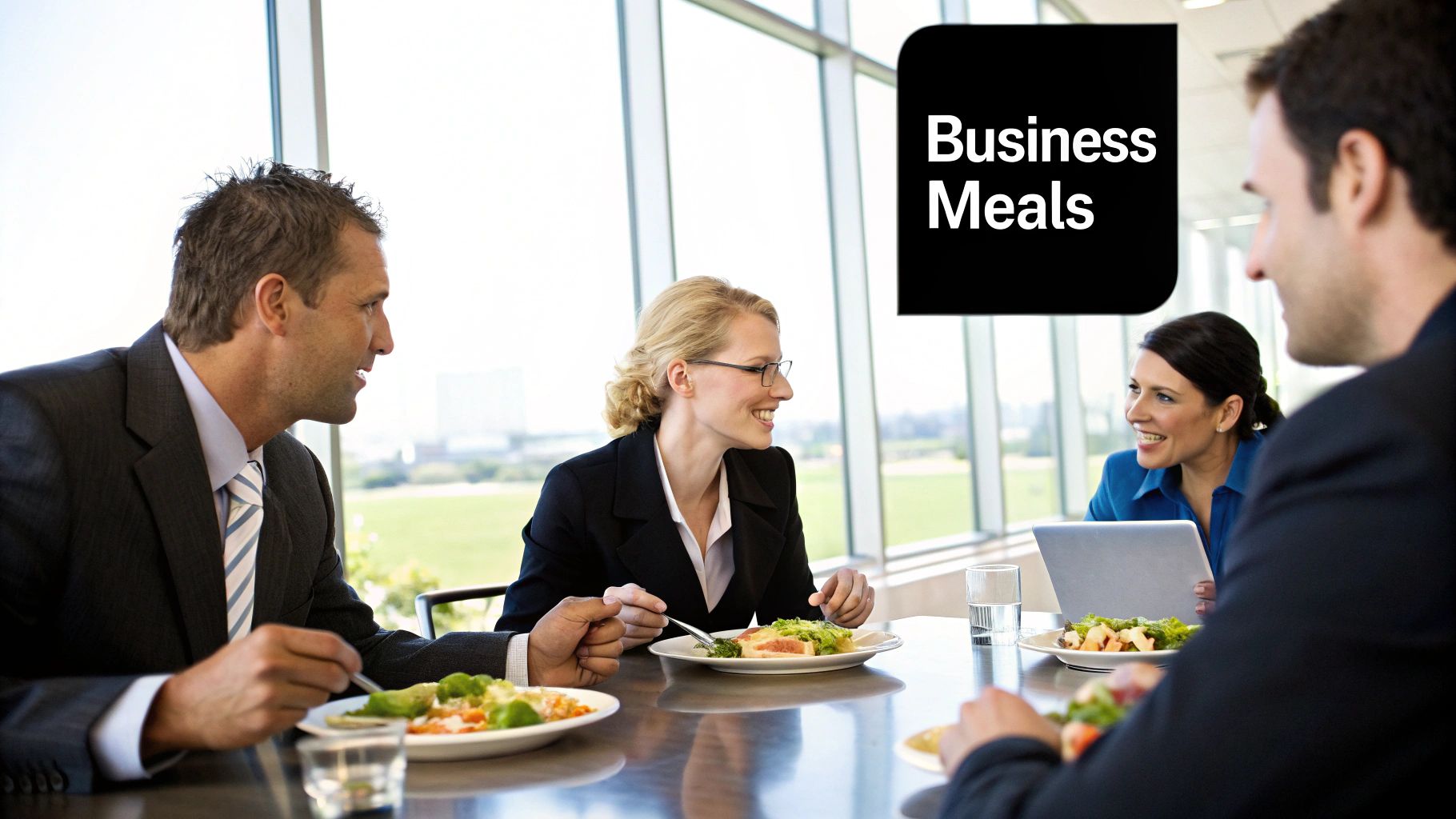 Two people having a business meal at a restaurant, discussing work over documents and coffee.