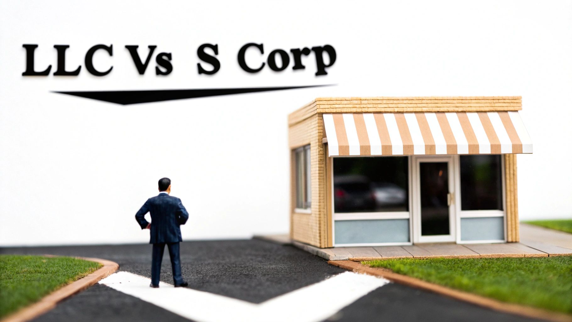 Miniature businessman contemplates choice between LLC vs S Corp, depicted with a model business.