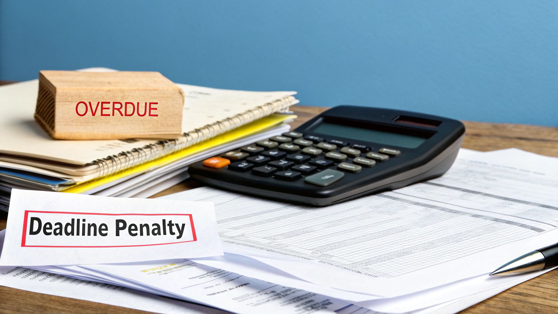 An illustration of a piggy bank with a crack in it, symbolizing the financial cost of missed deadlines, next to a calendar with a past-due date circled in red.