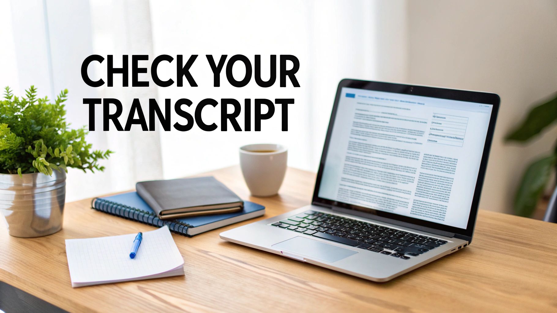 Desk setup with a laptop displaying a document, notebooks, coffee, and text 'CHECK YOUR TRANSCRIPT'.