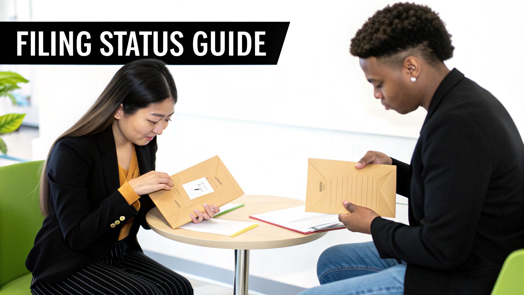 Two professionals discussing filing status, holding envelopes and papers at a table.