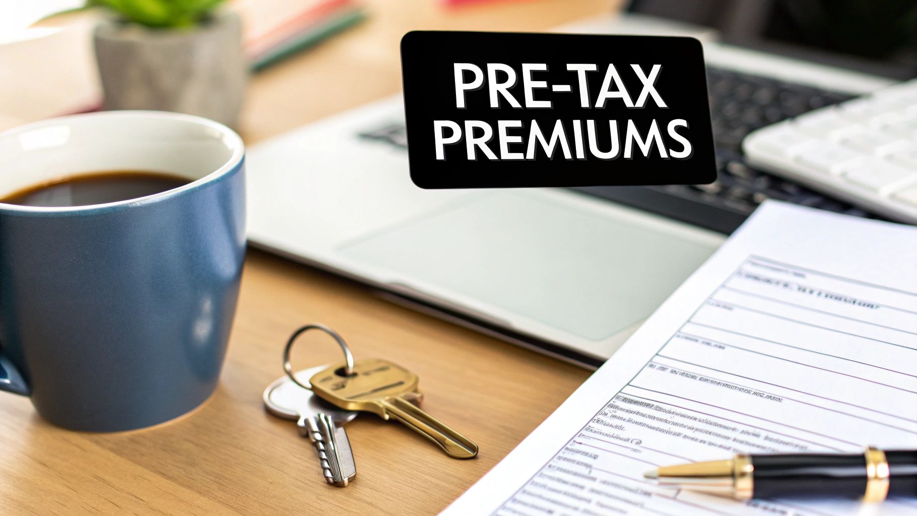 A desk setup with a coffee cup, keys, a laptop, and documents with a sign stating 'PRE-TAX PREMIUMS'.