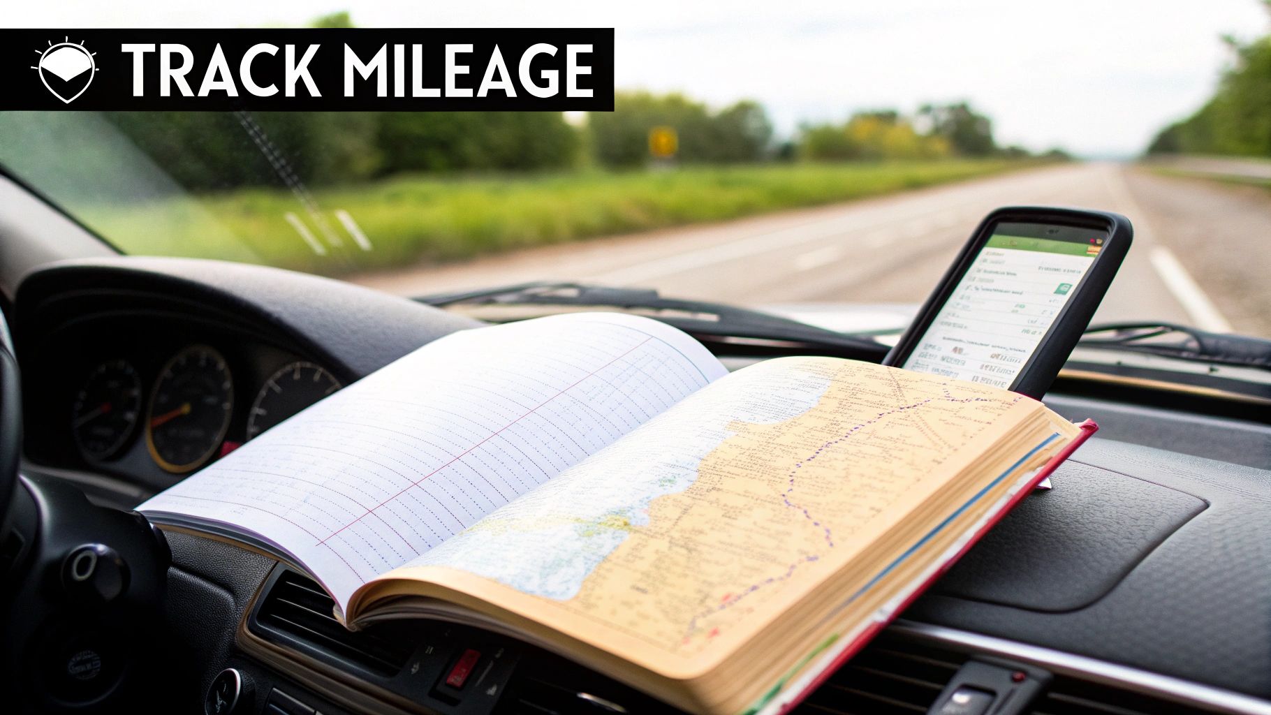 A car dashboard with an open notebook, map book, and smartphone, suggesting mileage tracking.