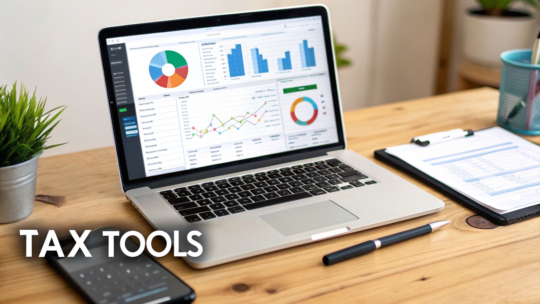 Laptop displaying colorful tax analytics dashboard with charts and graphs for financial planning