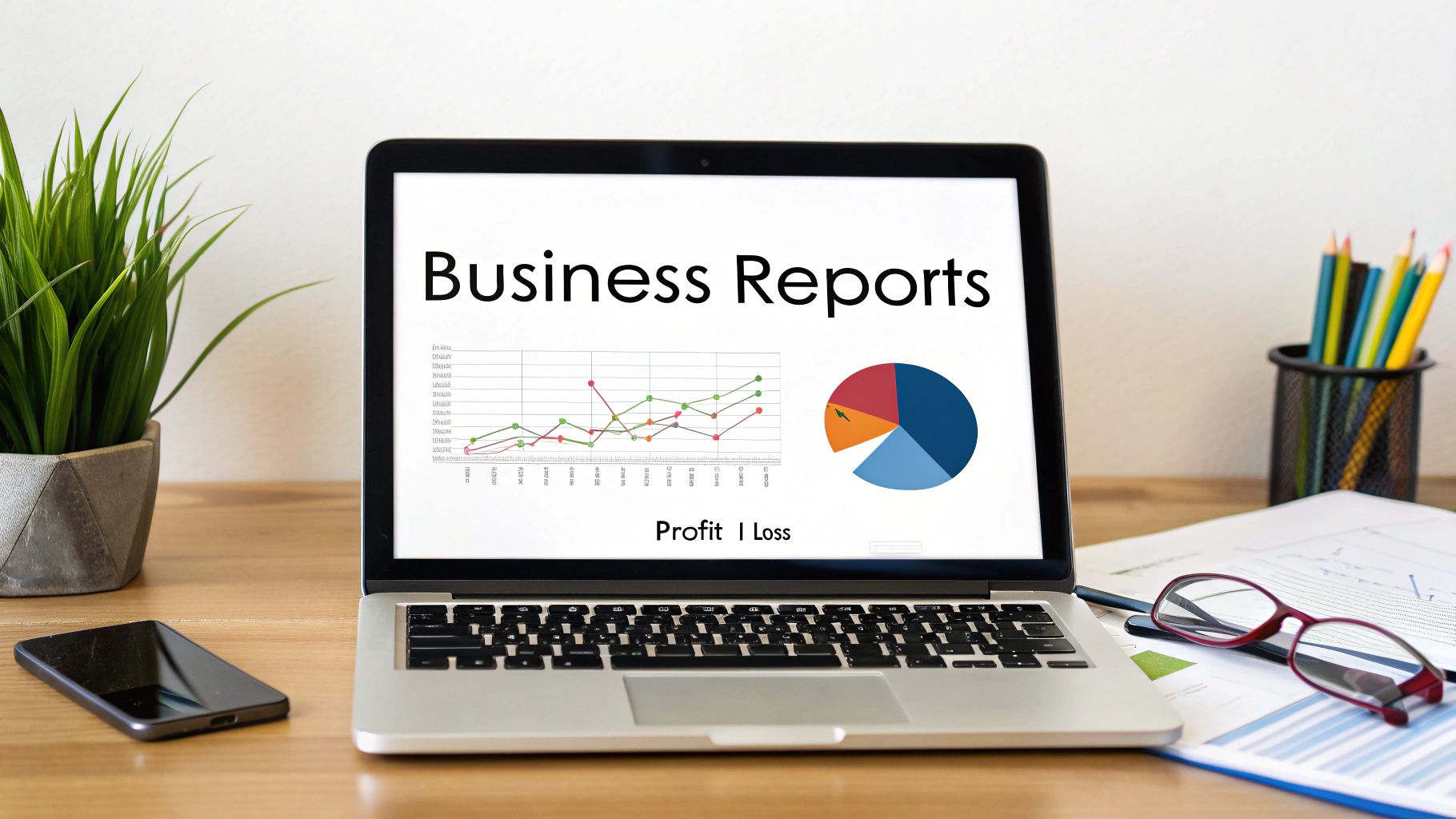 A laptop displaying business reports with graphs and charts, along with office supplies on a desk.