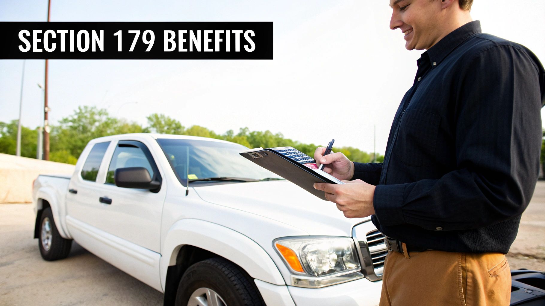 A smiling man writes on a clipboard next to a white pickup truck, illustrating 'SECTION 179 BENEFITS'.
