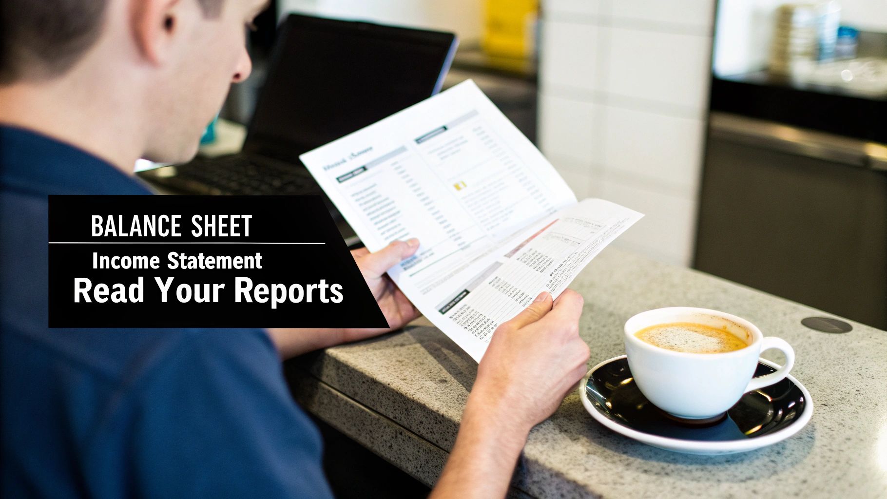 A person reviewing financial reports with charts and graphs on a tablet and paper, looking thoughtful.