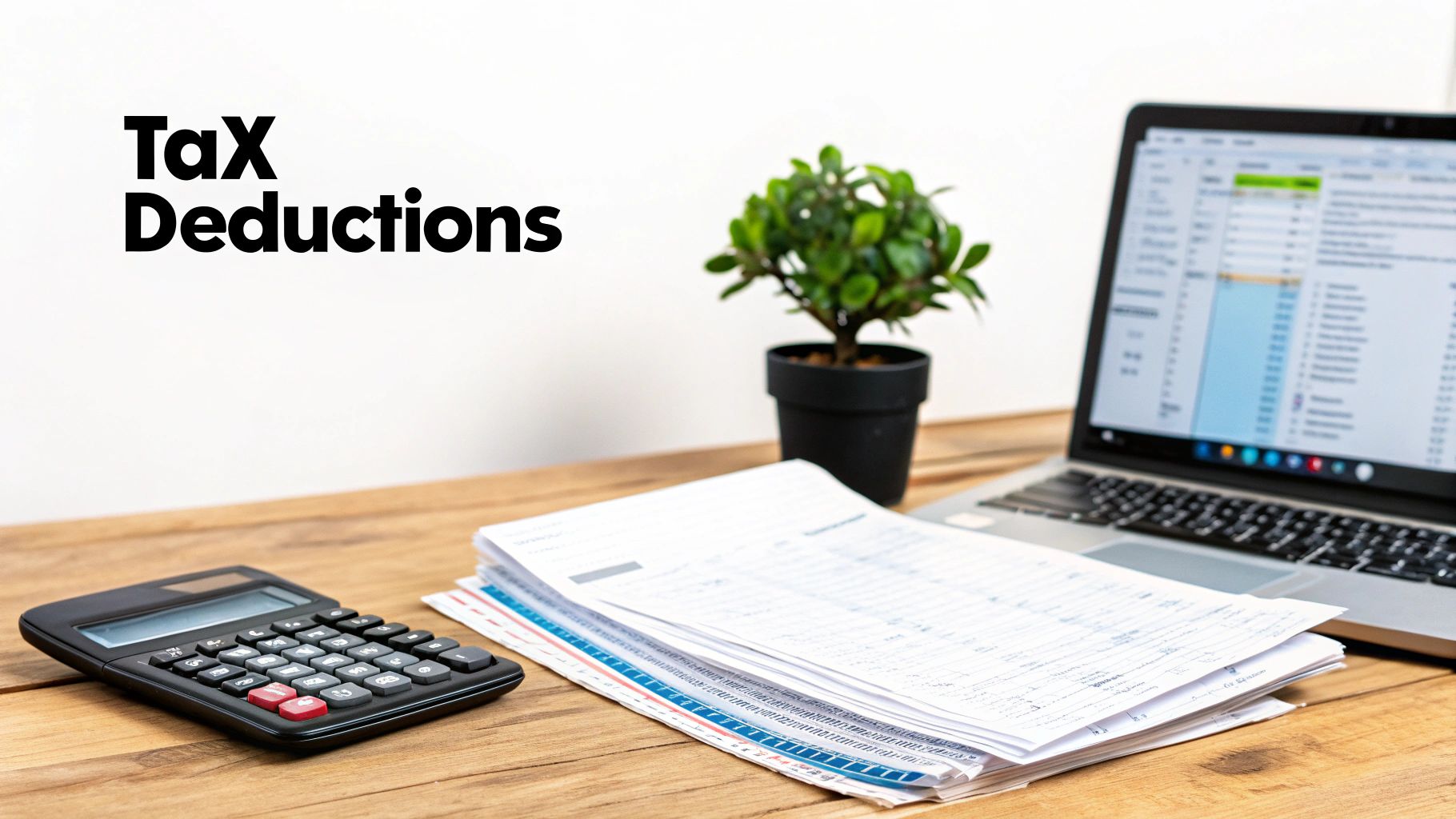 Desk with 'Tax Deductions' text, calculator, documents, laptop, and plant for financial planning.