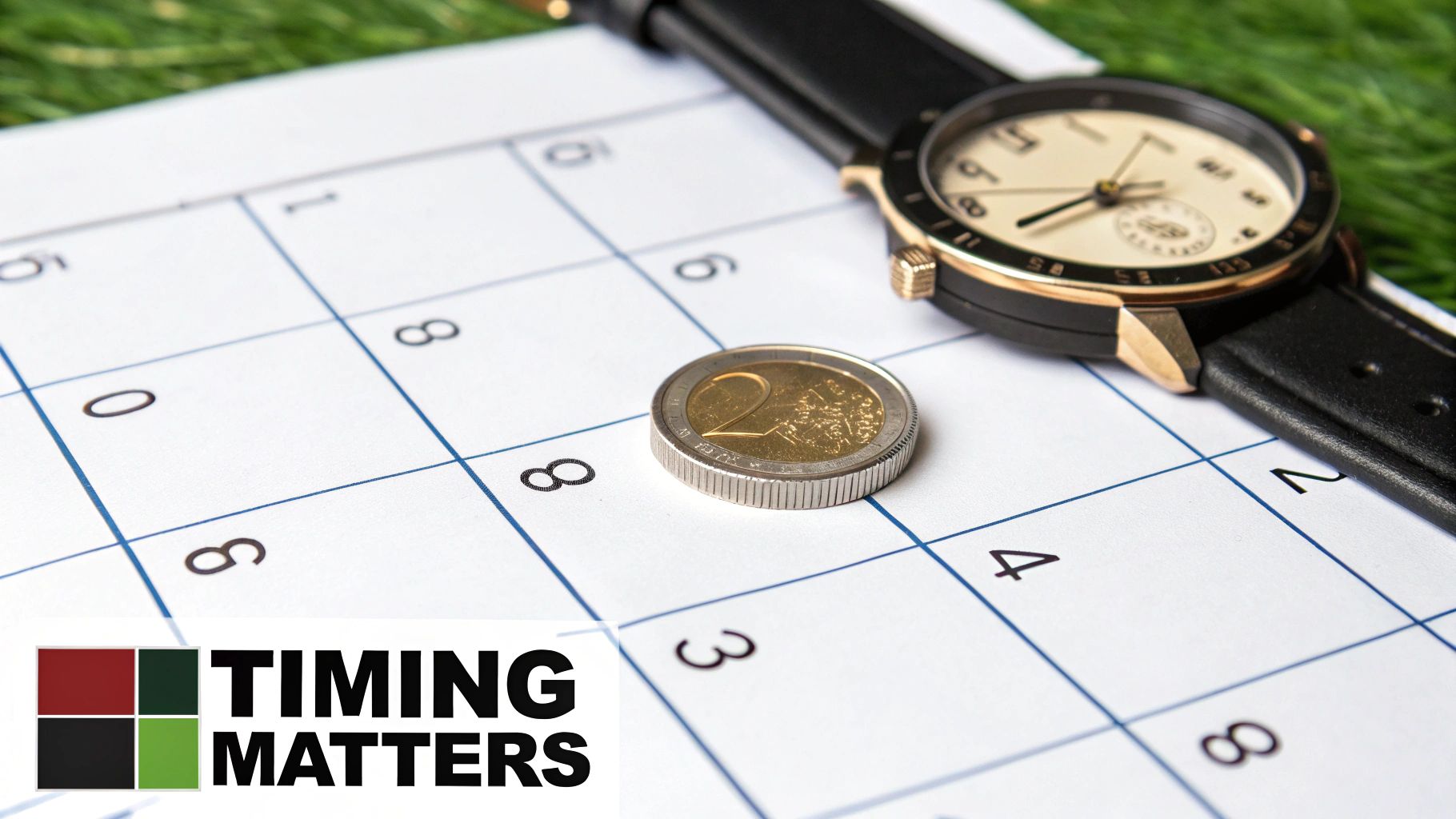 A calendar with a magnifying glass focused on the one-year mark, symbolizing the importance of holding periods in investment tax planning.