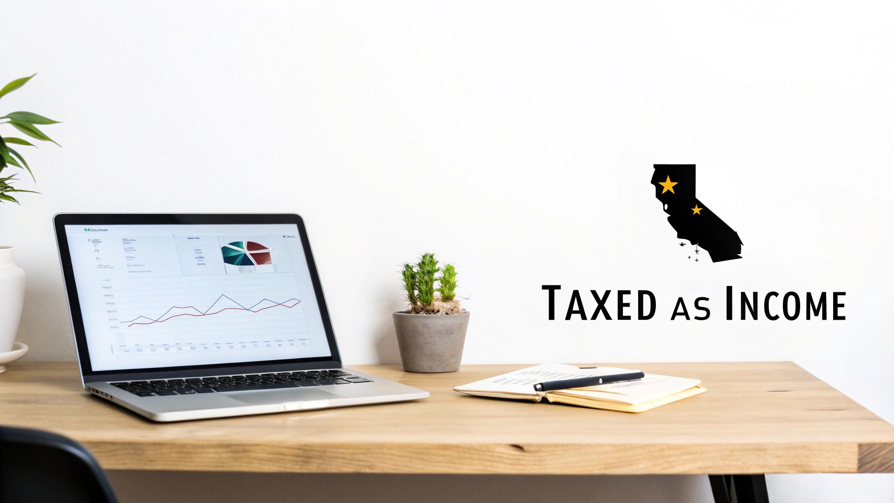 An office desk with a laptop displaying financial charts and a California map with 'TAXED AS INCOME' text.