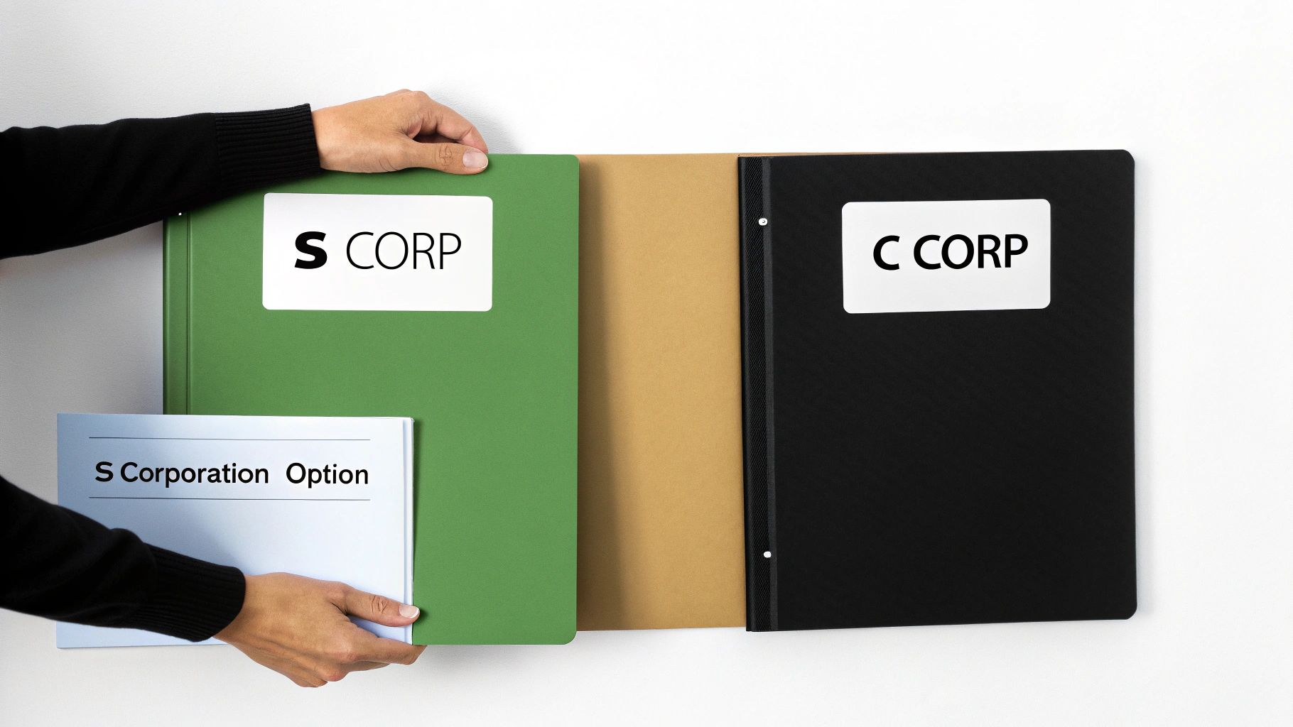 Hands holding folders labeled 'S CORP' and 'C CORP' with an 'S Corporation Option' booklet.