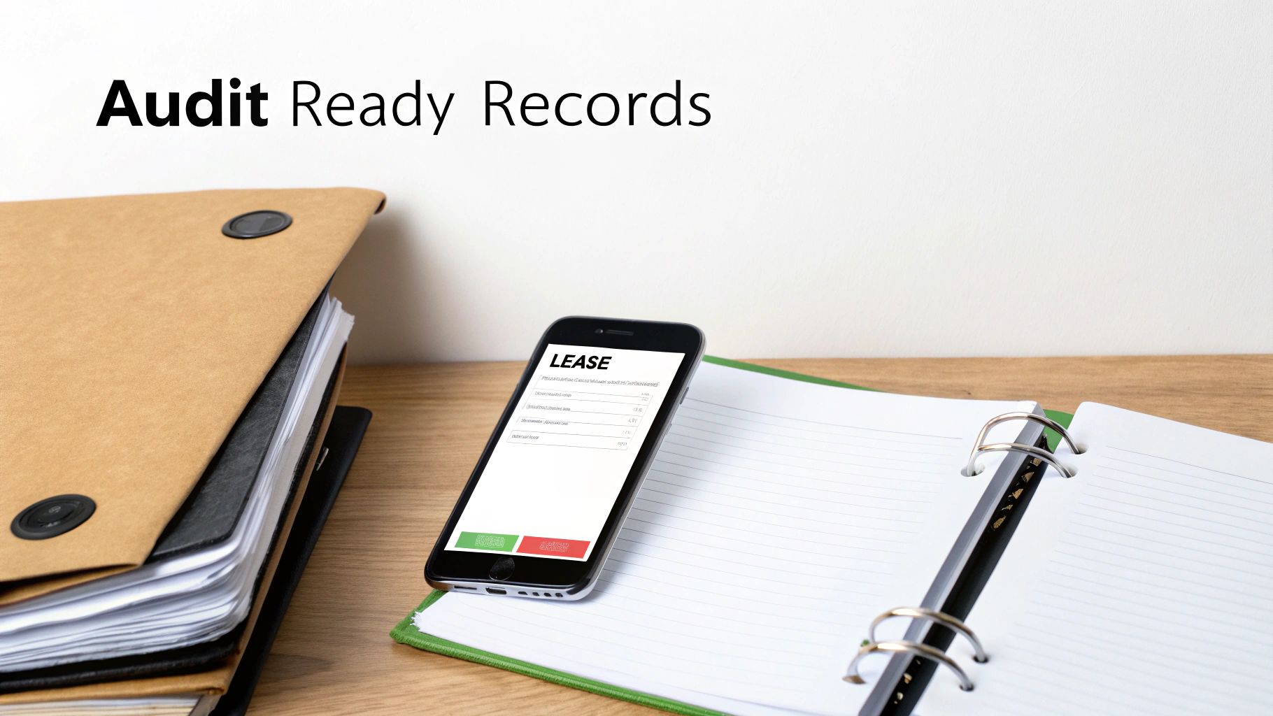 A desk with files, a smartphone showing a lease form, and a binder, all for audit records.