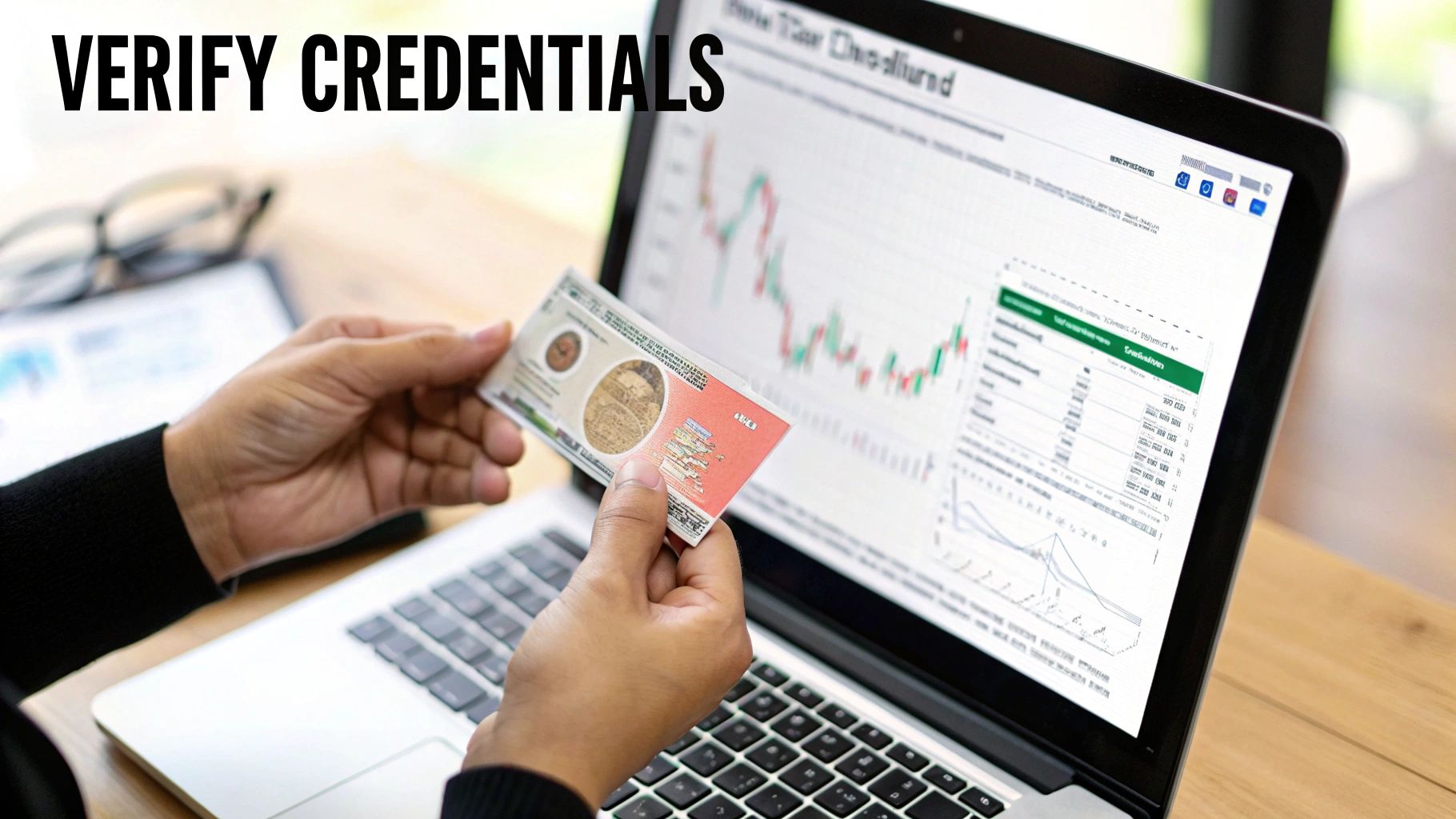 Hands holding a dollar bill and a credit card in front of a laptop, with "VERIFY CREDENTIALS" text.