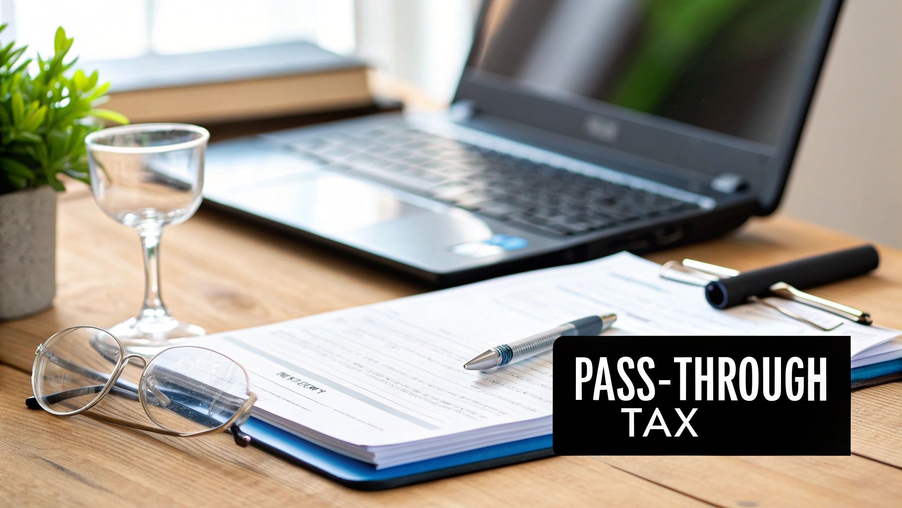 A desk with a laptop, documents, pen, glasses, and a plant, with 'PASS-THROUGH TAX' overlay.