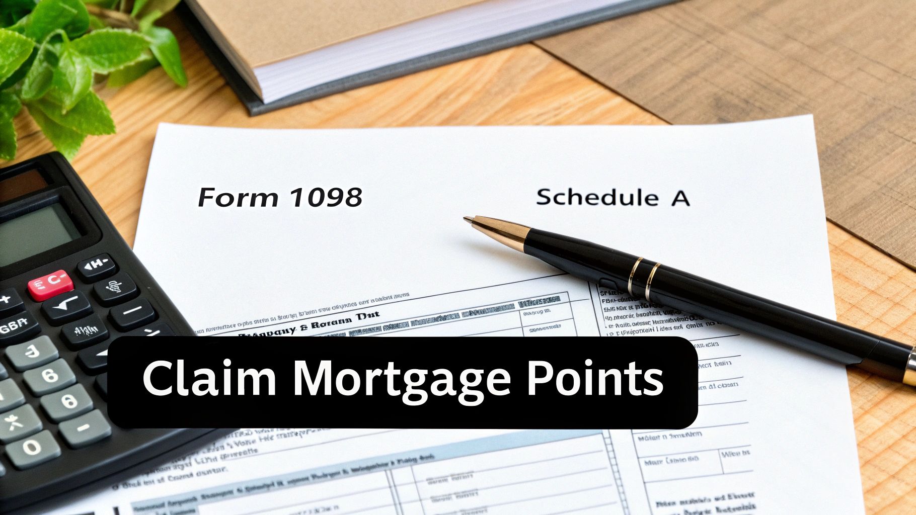 Form 1098 and Schedule A on a wooden desk with a calculator and pen, illustrating claiming mortgage points.