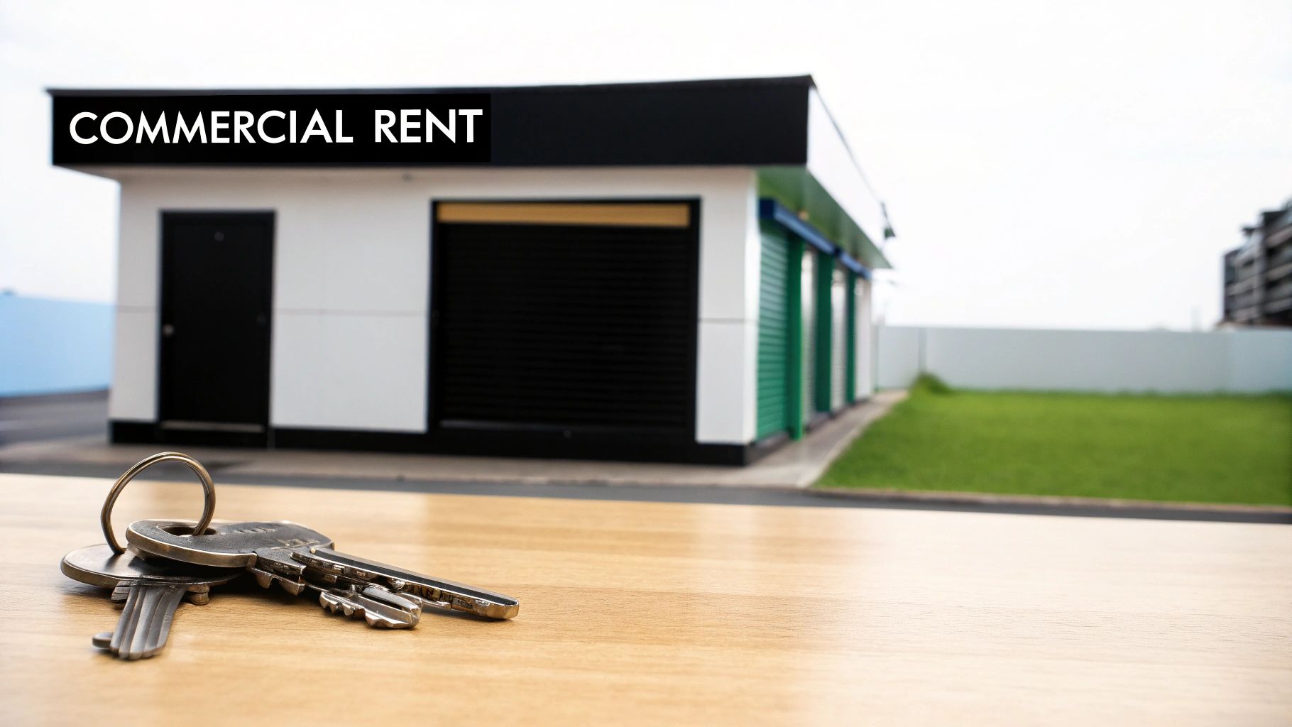 Keys on a wooden table in front of a modern commercial rent building with storage units.