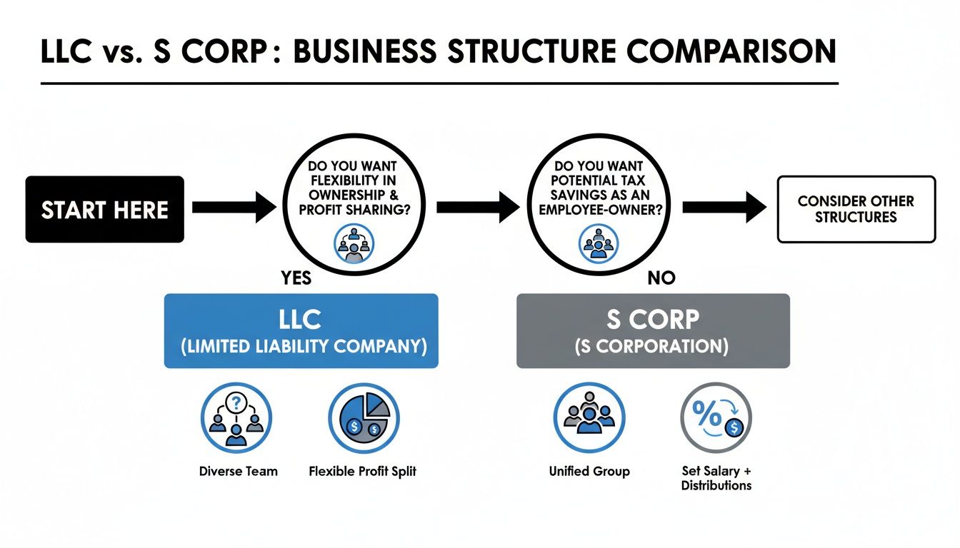 Decision tree comparing LLC vs. S Corp business structures based on ownership flexibility and tax savings.