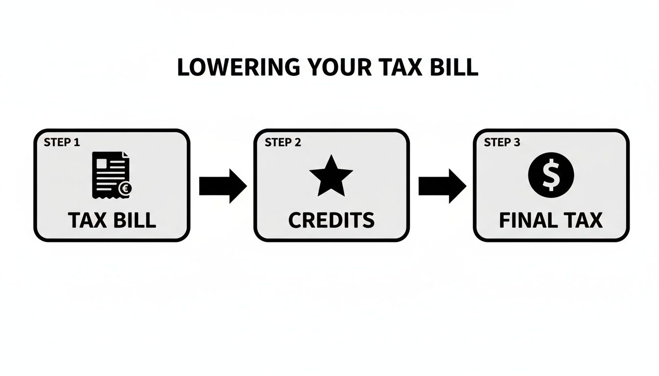 Flowchart showing three steps to lower your tax bill: Tax Bill, Credits, and Final Tax.