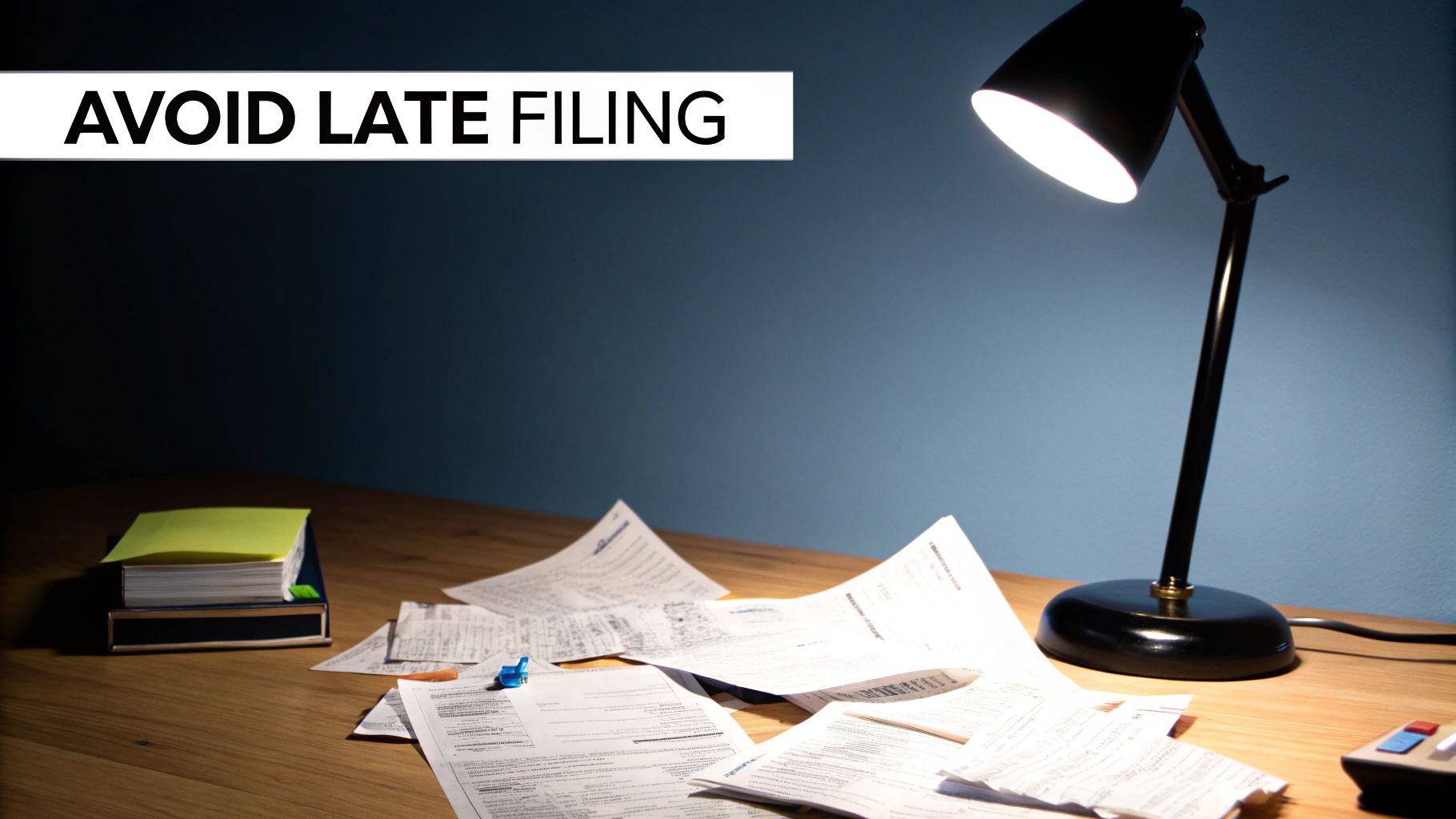 A desk with a lit lamp, scattered tax papers, and notebooks. Text reads 'AVOID LATE FILING'.